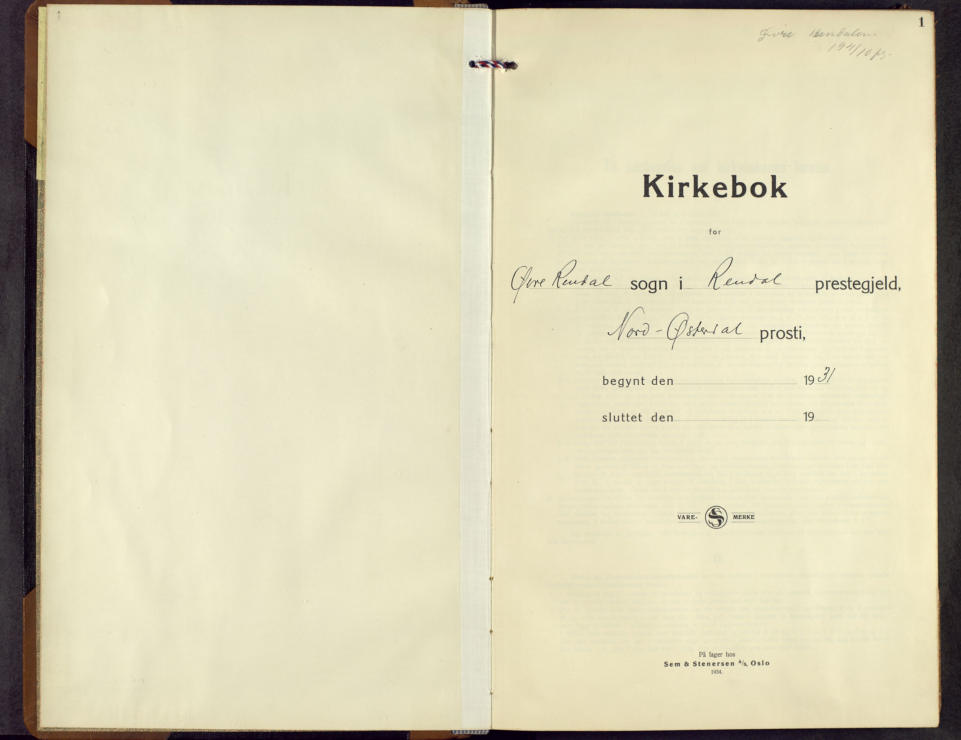 Rendalen prestekontor, AV/SAH-PREST-054/H/Ha/Hab/L0005: Klokkerbok nr. 5, 1931-1959, s. 1