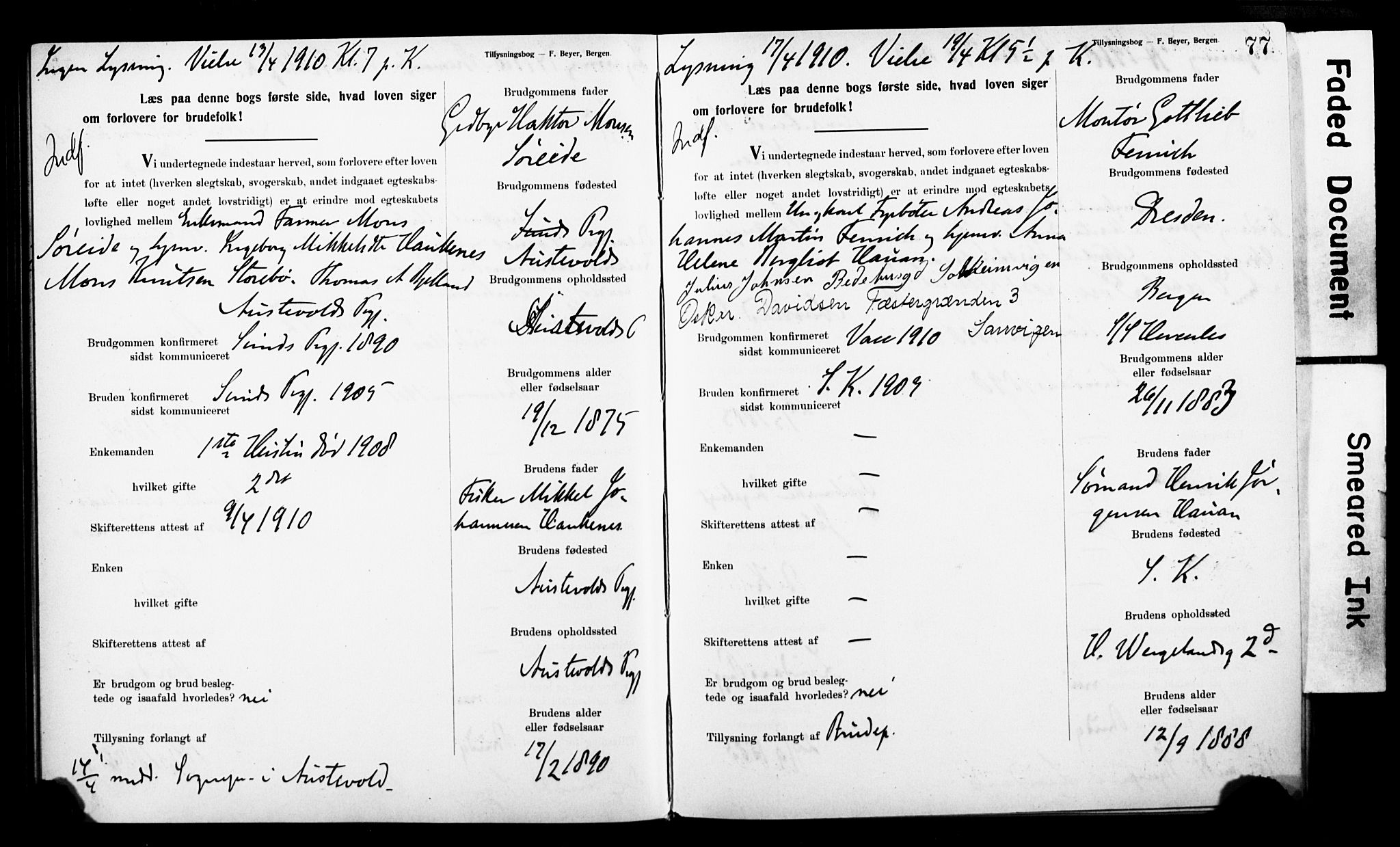 Korskirken sokneprestembete, SAB/A-76101: Forlovererklæringer nr. II.5.9, 1908-1914, s. 77