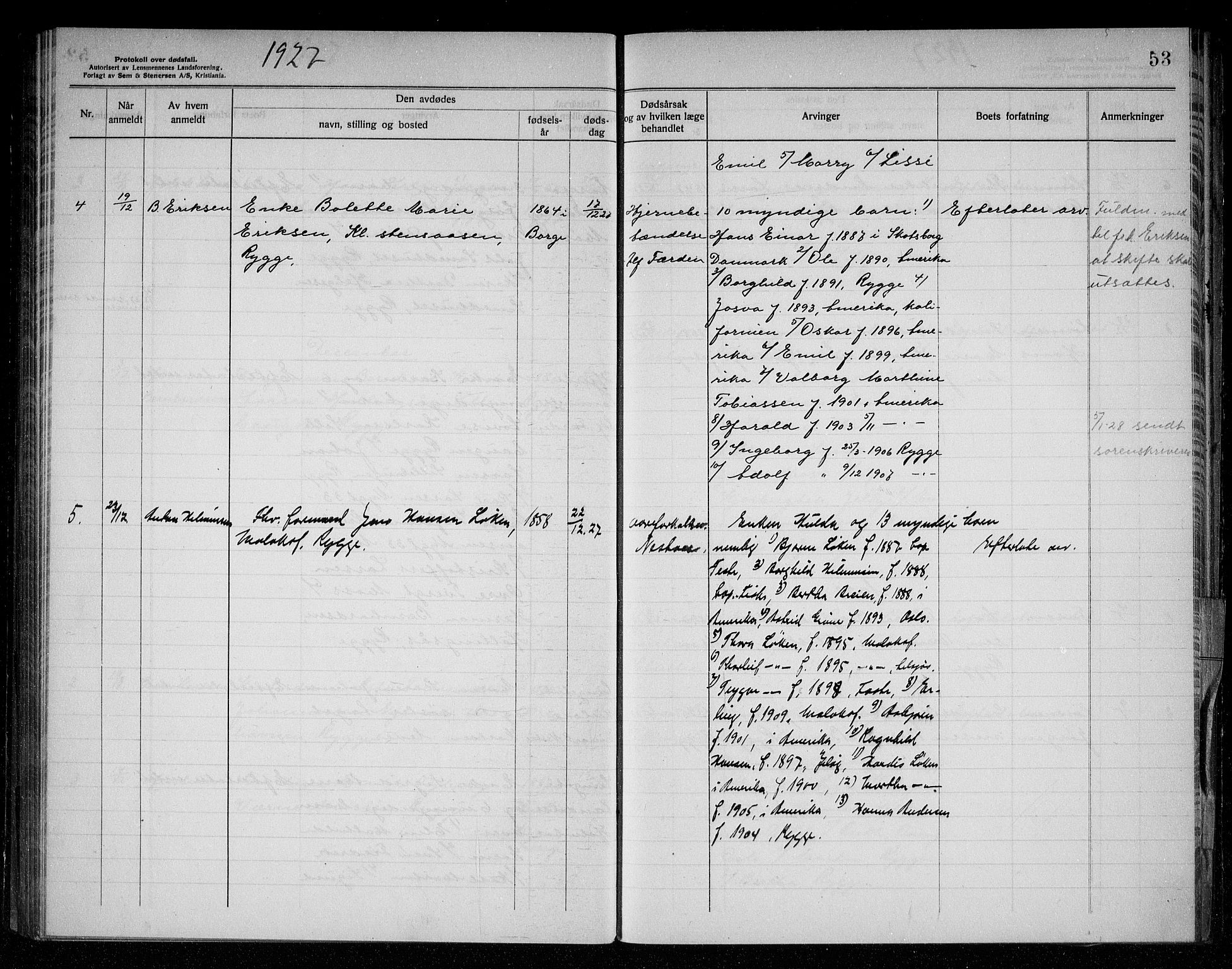 Rygge lensmannskontor, SAO/A-10005/H/Ha/Haa/L0008: Dødsfallsprotokoll, 1925-1929, s. 53
