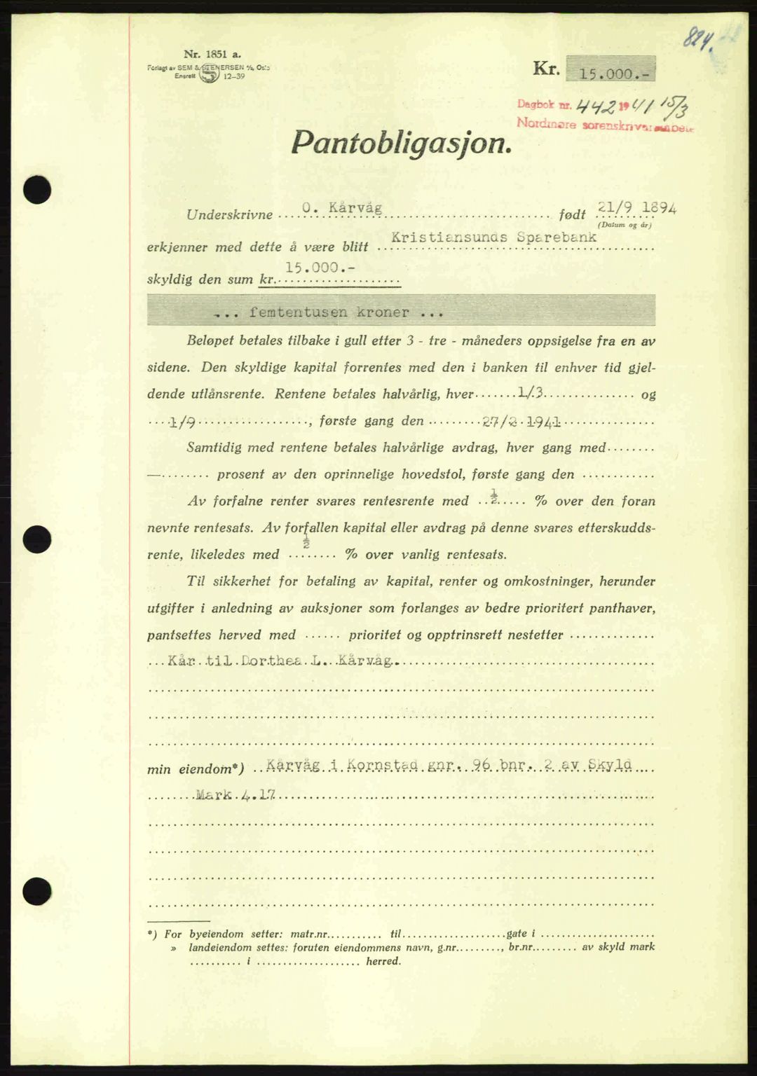 Nordmøre sorenskriveri, AV/SAT-A-4132/1/2/2Ca: Pantebok nr. B87, 1940-1941, Dagboknr: 442/1941