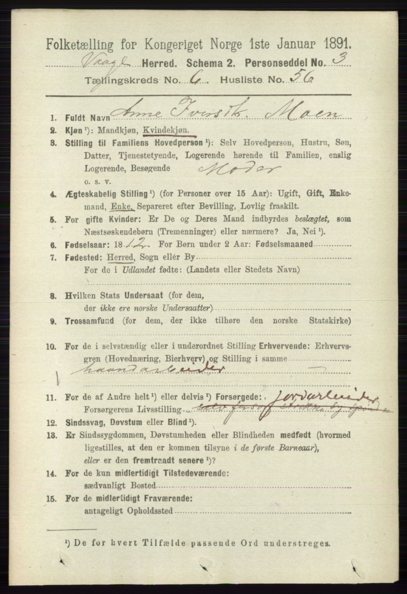 RA, Folketelling 1891 for 0515 Vågå herred, 1891, s. 4225