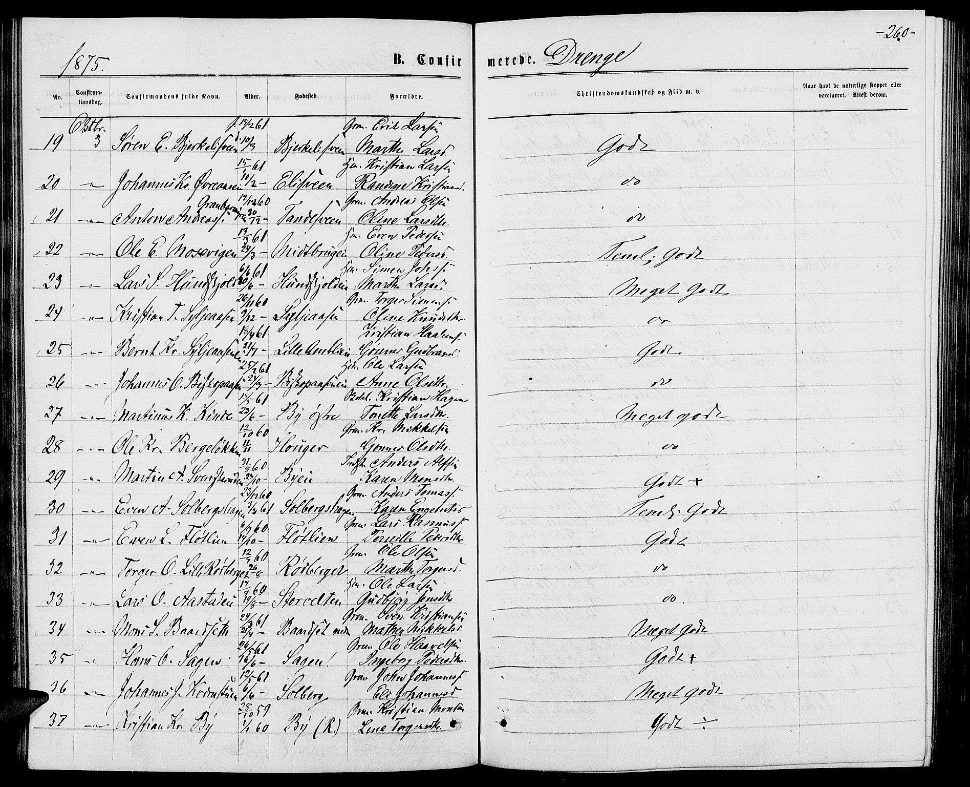 Ringsaker prestekontor, AV/SAH-PREST-014/L/La/L0008: Klokkerbok nr. 8, 1870-1878, s. 260