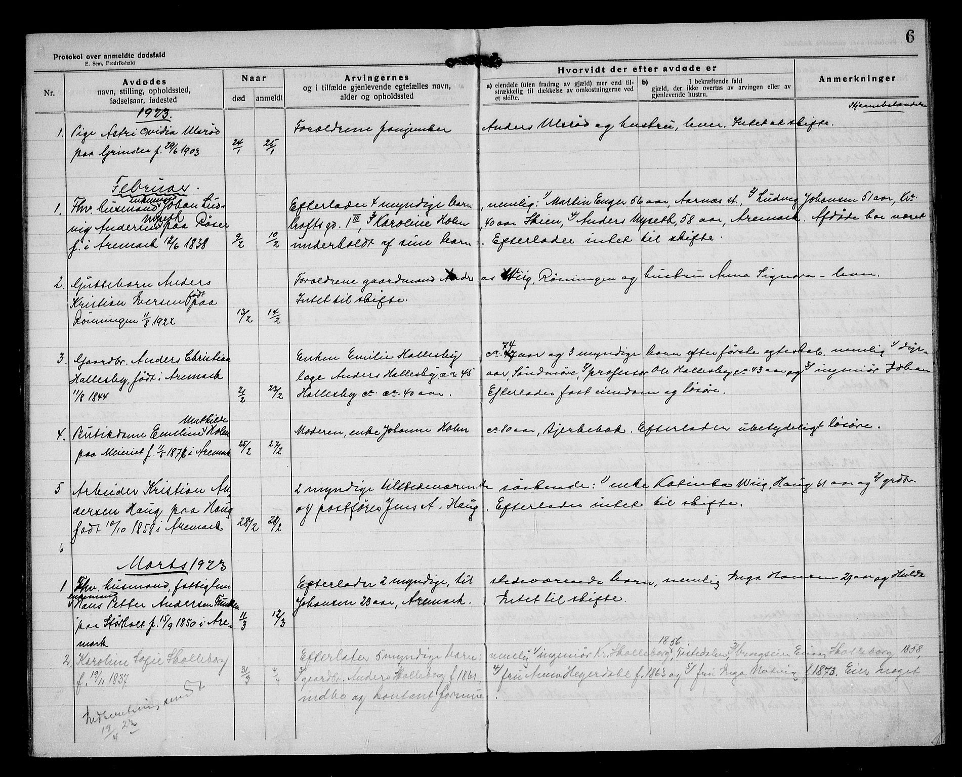 Aremark lensmannskontor, AV/SAO-A-10631/H/Ha/L0004: Dødsfallsprotokoll, 1922-1933, s. 6