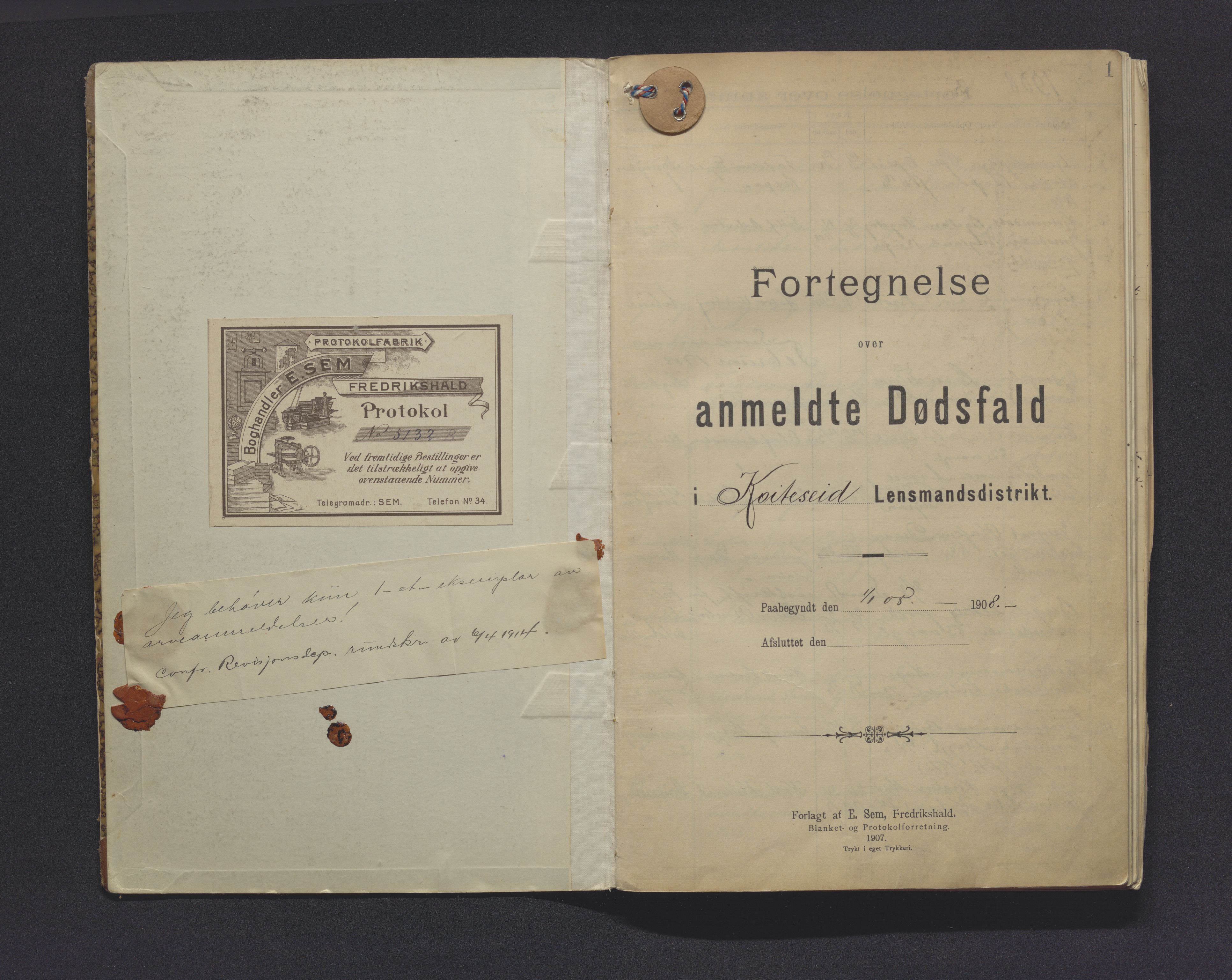 Kviteseid lensmannskontor, SAKO/A-562/H/Hc/L0001: Dødsfallprotokoller, 1908-1921, s. 1