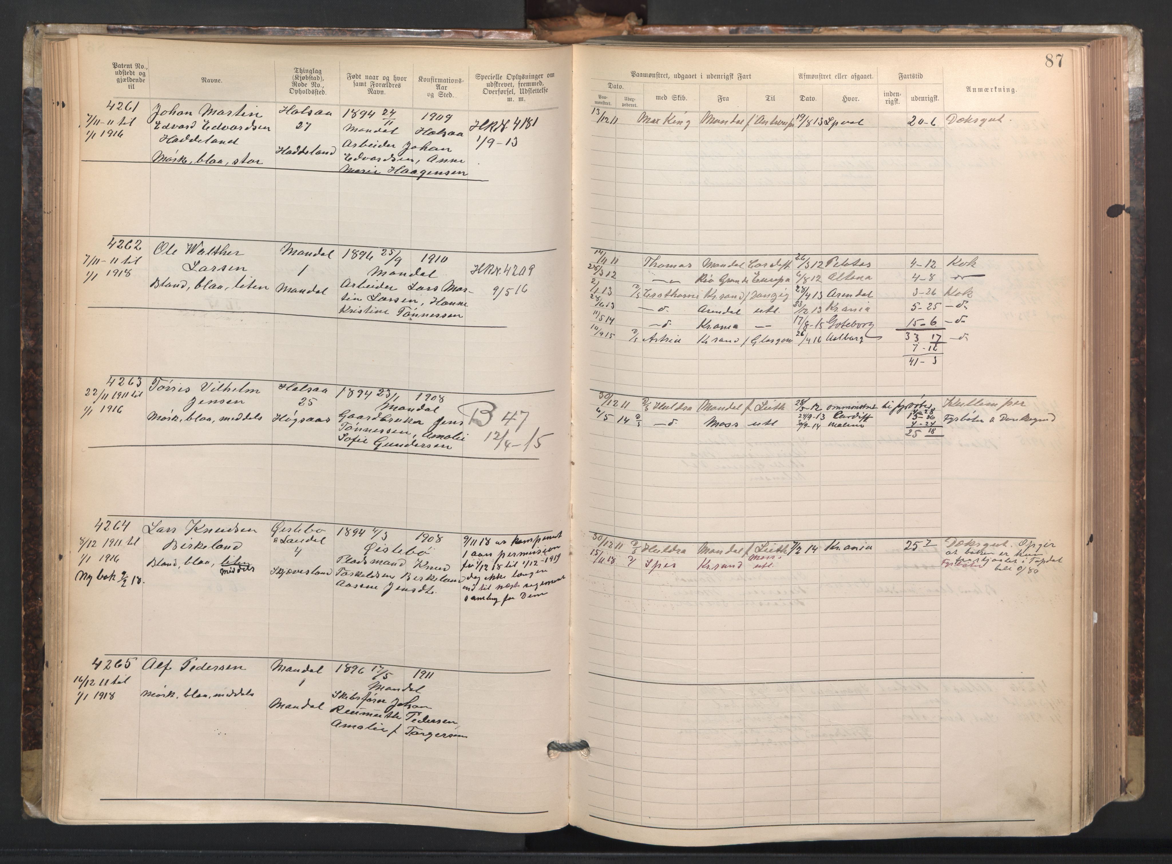 Mandal mønstringskrets, AV/SAK-2031-0016/F/Fa/L0003: Annotasjonsrulle nr 3831-4730 med register, L-5, 1900-1948, s. 111