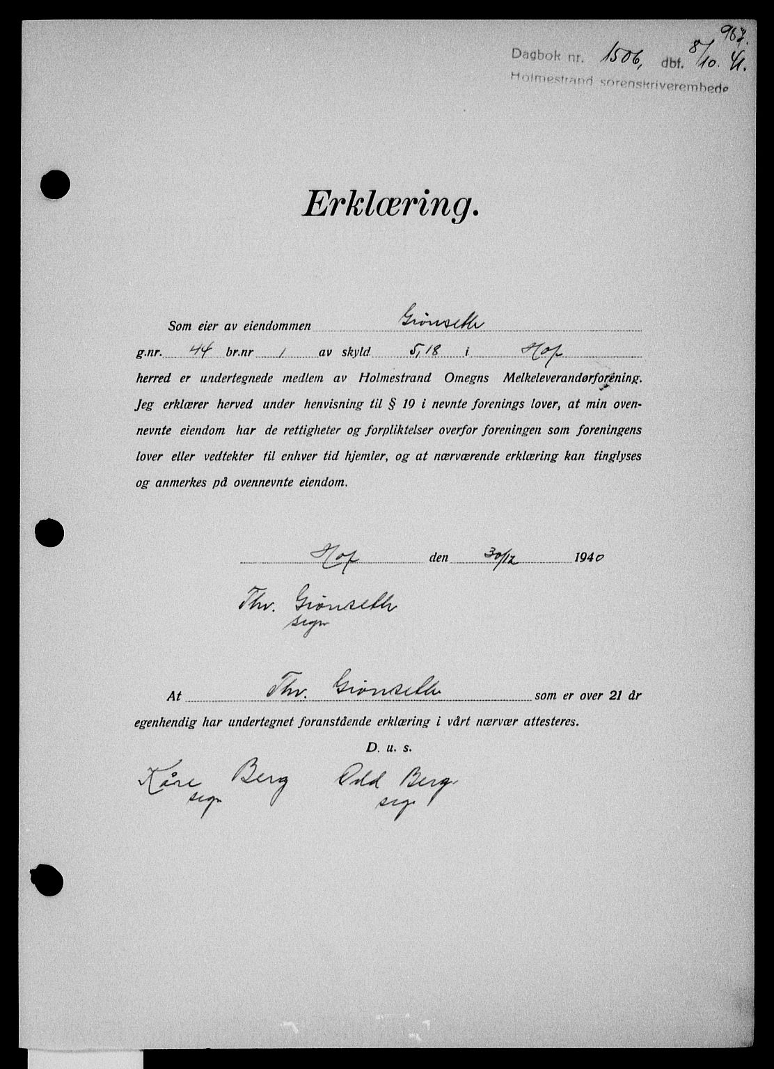Holmestrand sorenskriveri, SAKO/A-67/G/Ga/Gaa/L0053: Pantebok nr. A-53, 1941-1941, Dagboknr: 1506/1941
