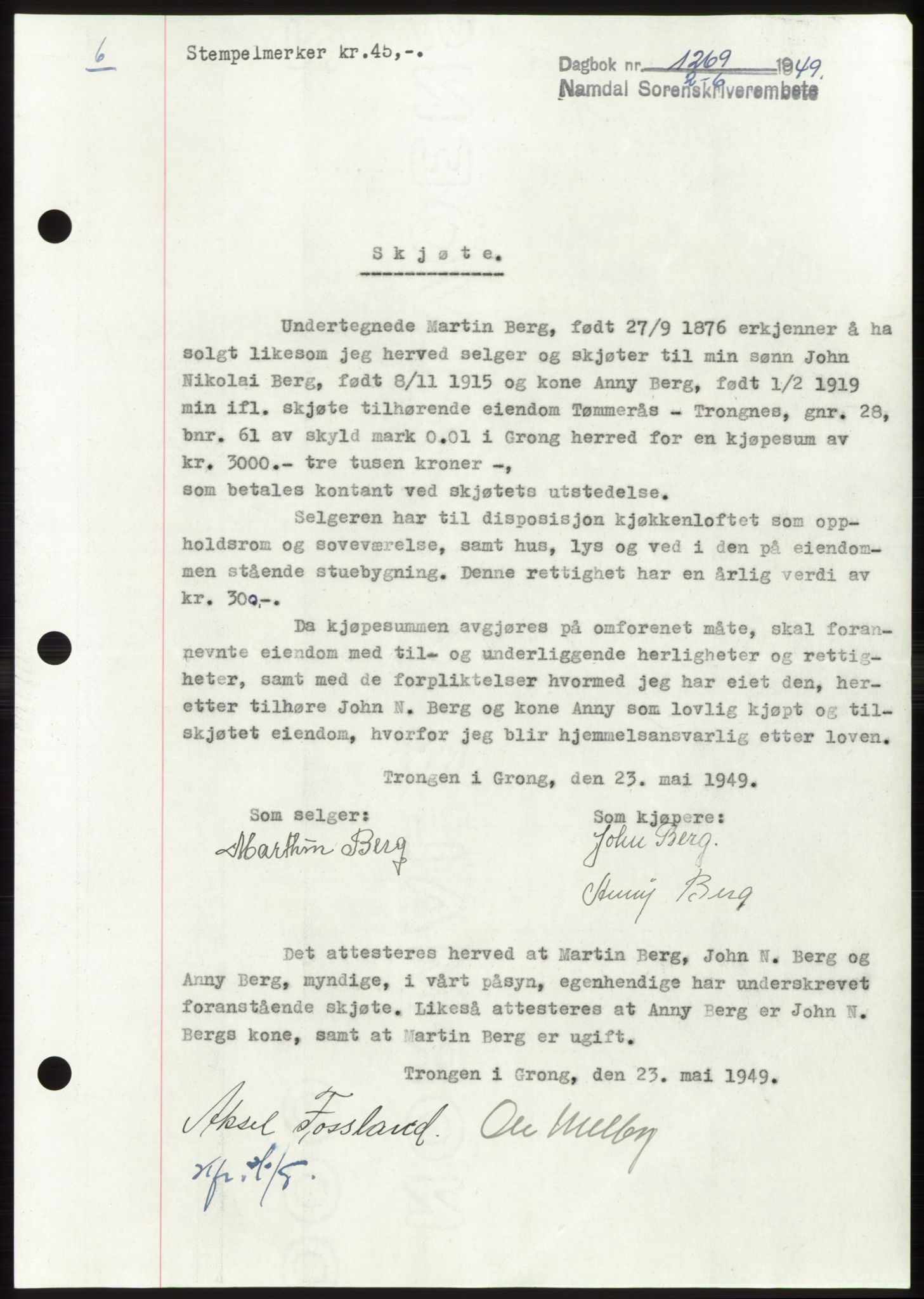 Namdal sorenskriveri, SAT/A-4133/1/2/2C: Pantebok nr. -, 1949-1949, Dagboknr: 1269/1949