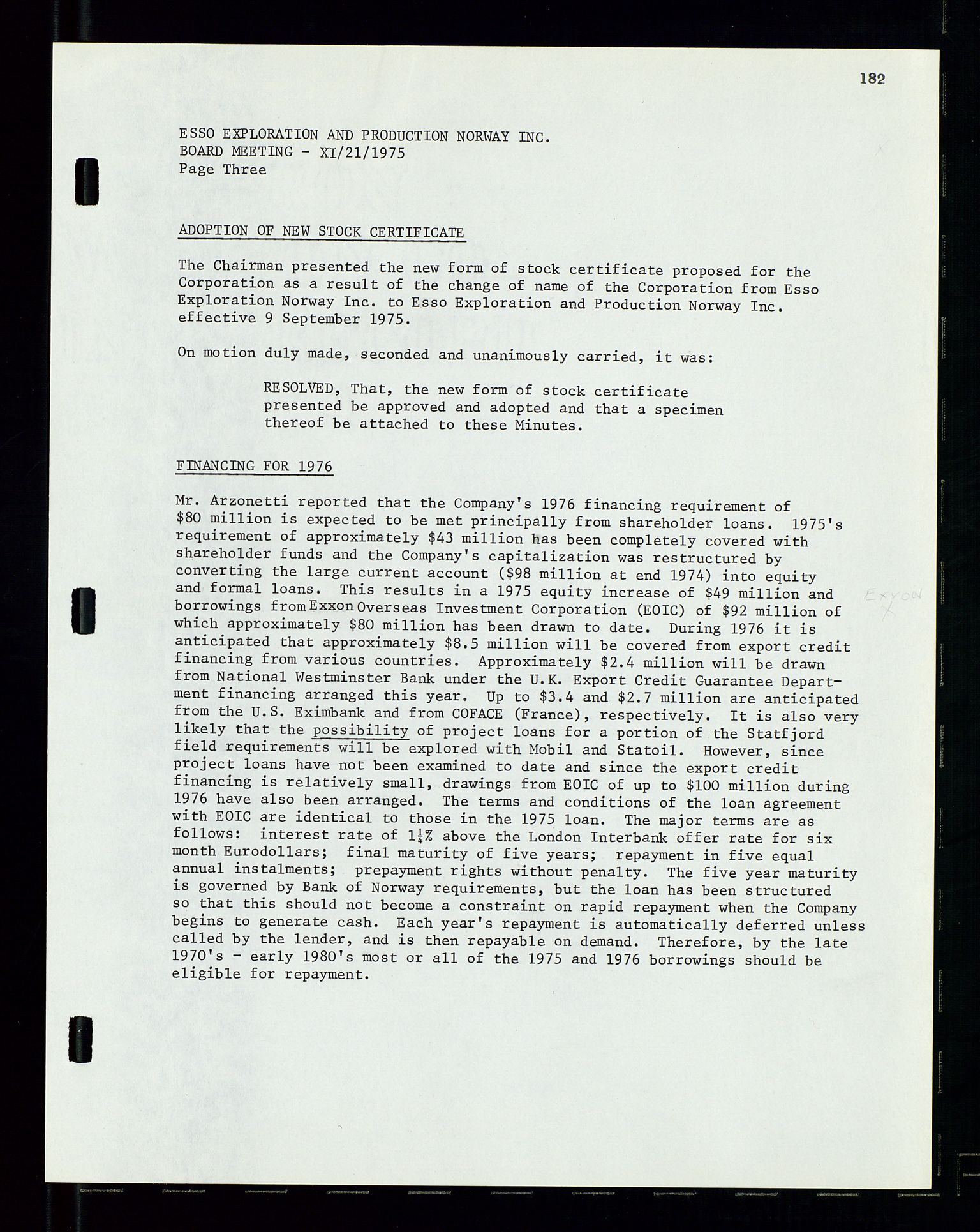 Pa 1512 - Esso Exploration and Production Norway Inc., AV/SAST-A-101917/A/Aa/L0001/0002: Styredokumenter / Corporate records, Board meeting minutes, Agreements, Stocholder meetings, 1975-1979, s. 20