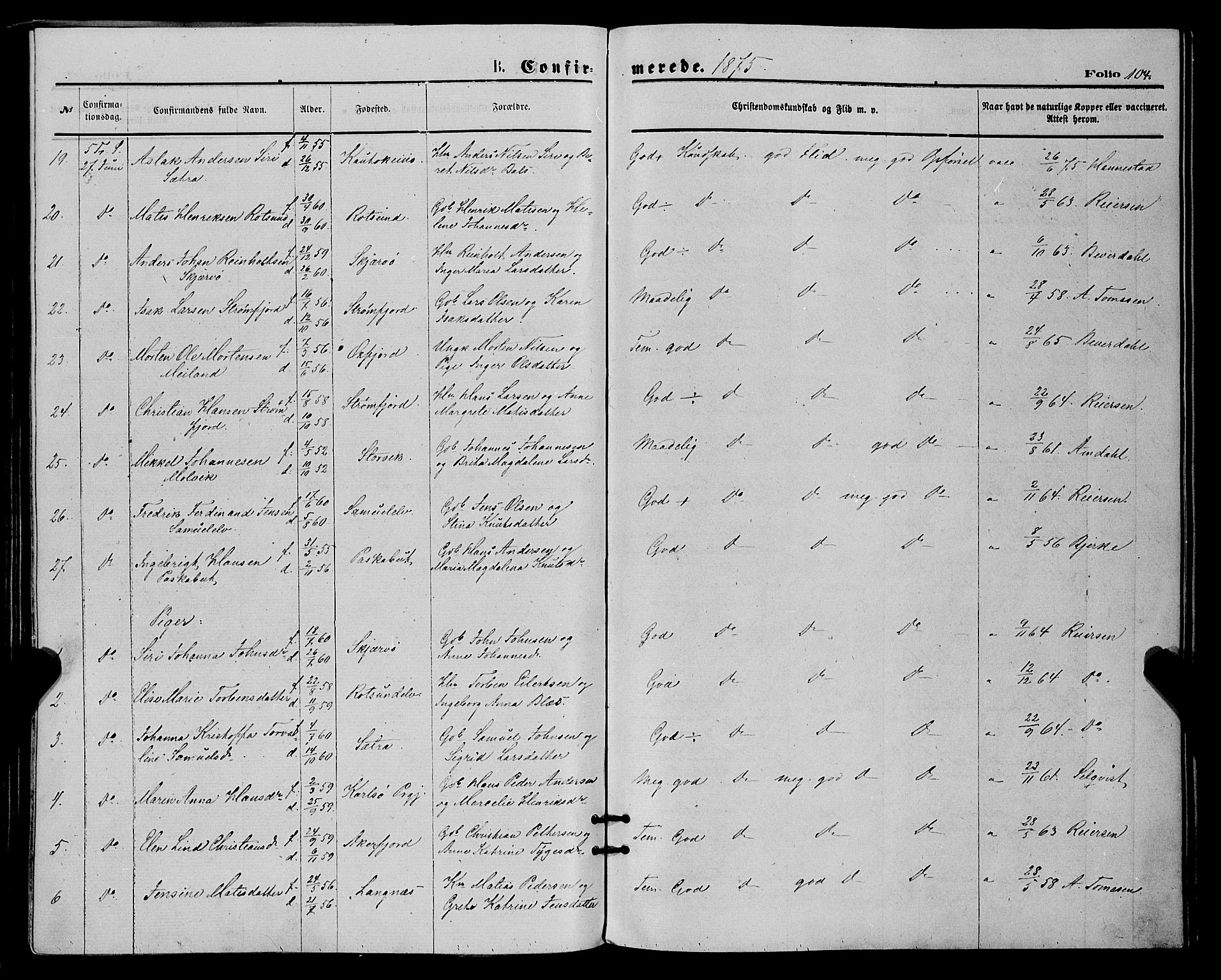 Skjervøy sokneprestkontor, AV/SATØ-S-1300/H/Ha/Haa/L0008kirke: Ministerialbok nr. 8, 1871-1877, s. 104