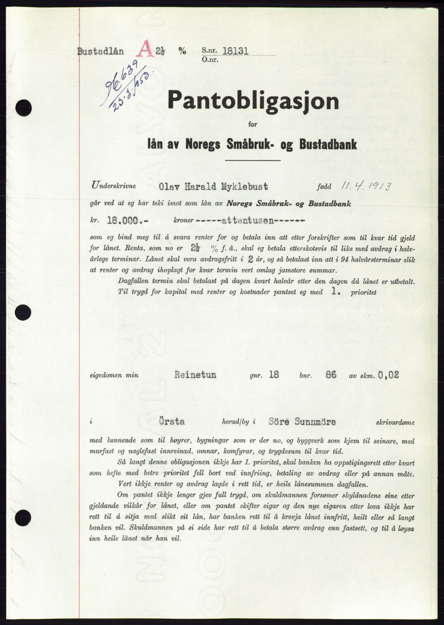 Søre Sunnmøre sorenskriveri, SAT/A-4122/1/2/2C/L0123: Pantebok nr. 11B, 1953-1953, Dagboknr: 639/1953