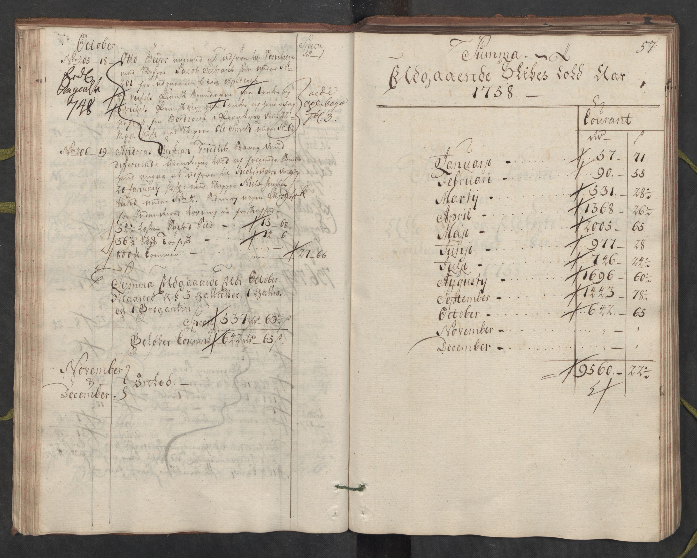 Generaltollkammeret, tollregnskaper, AV/RA-EA-5490/R33/L0057/0001: Tollregnskaper Trondheim A / Utgående hovedtollbok, 1758, s. 56b-57a