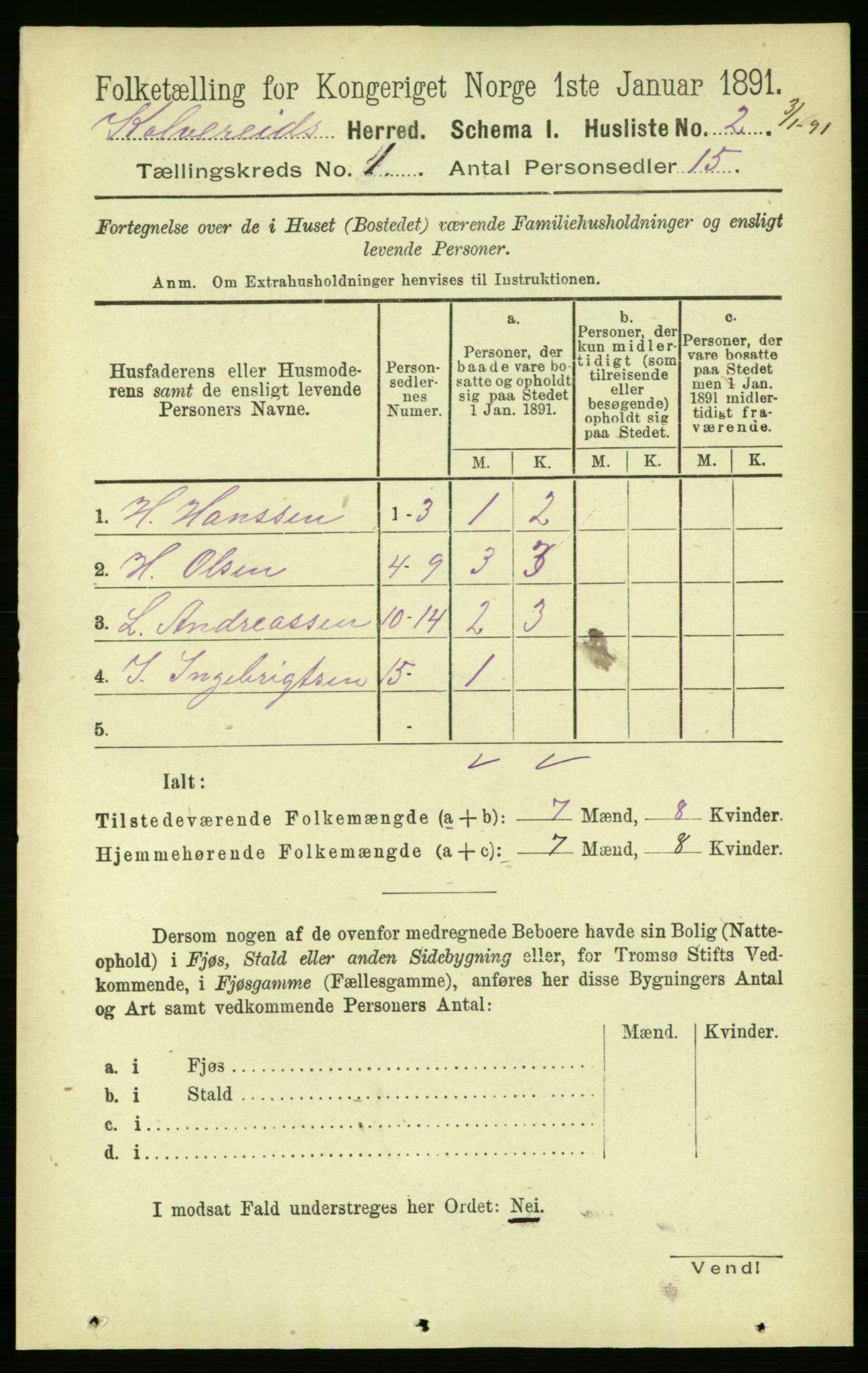 RA, Folketelling 1891 for 1752 Kolvereid herred, 1891, s. 19