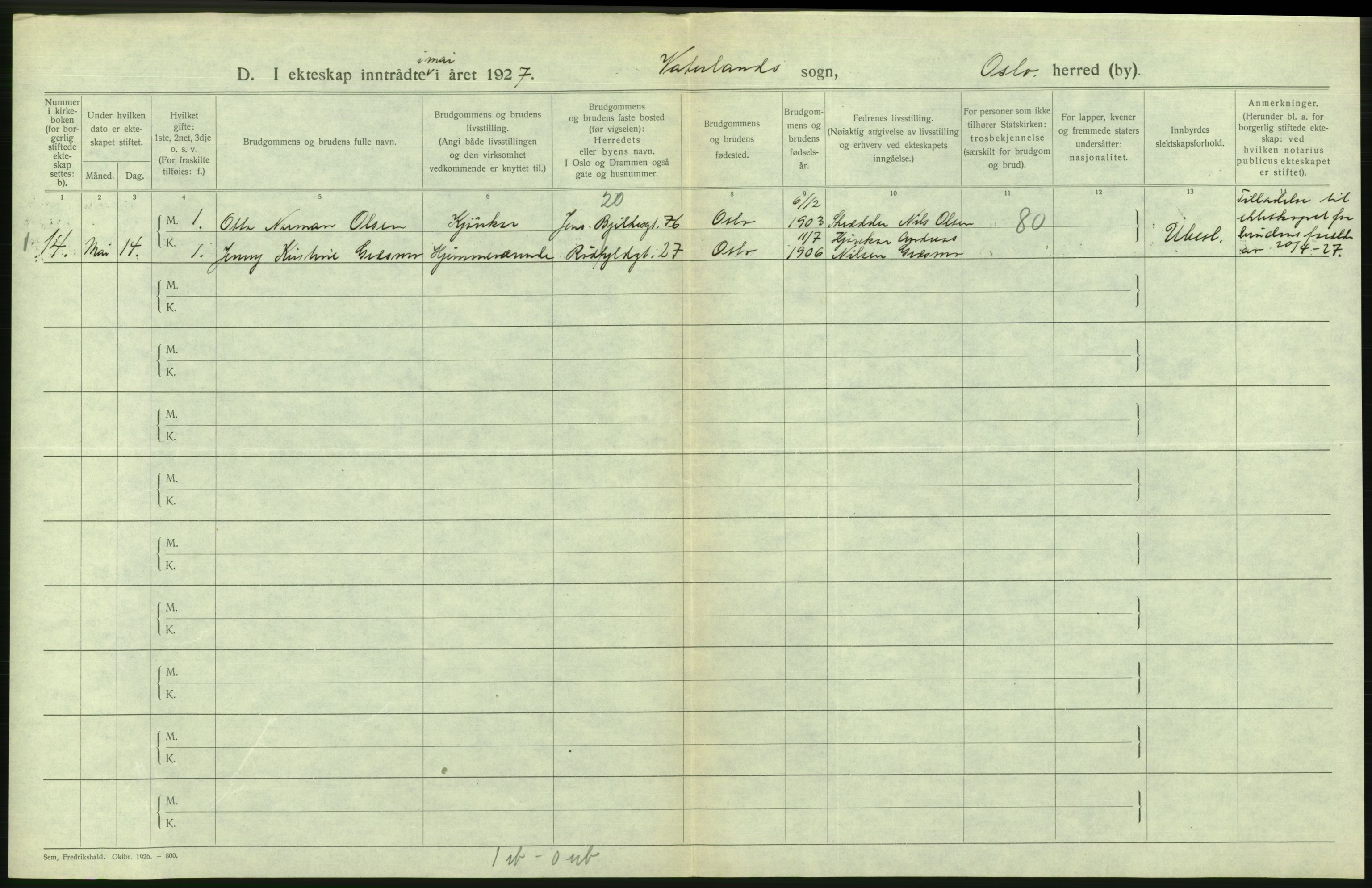 Statistisk sentralbyrå, Sosiodemografiske emner, Befolkning, AV/RA-S-2228/D/Df/Dfc/Dfcg/L0008: Oslo: Gifte, 1927, s. 684