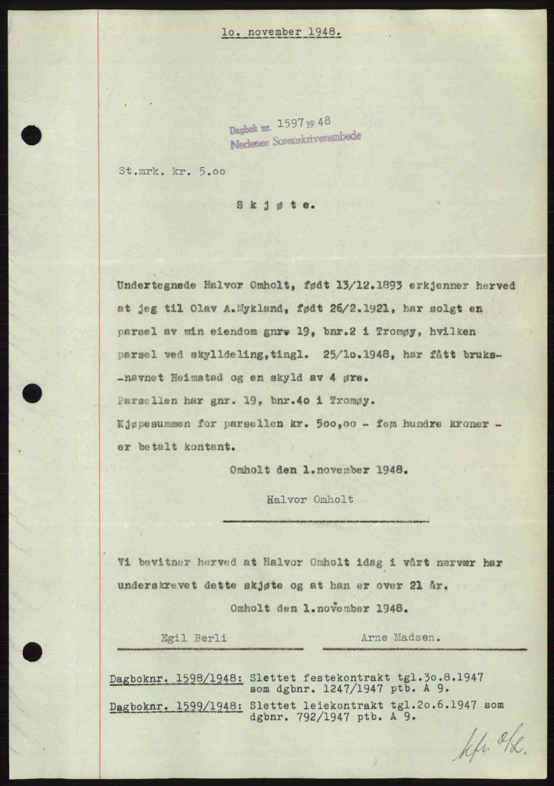 Nedenes sorenskriveri, AV/SAK-1221-0006/G/Gb/Gba/L0059: Pantebok nr. A11, 1948-1948, Dagboknr: 1597/1948