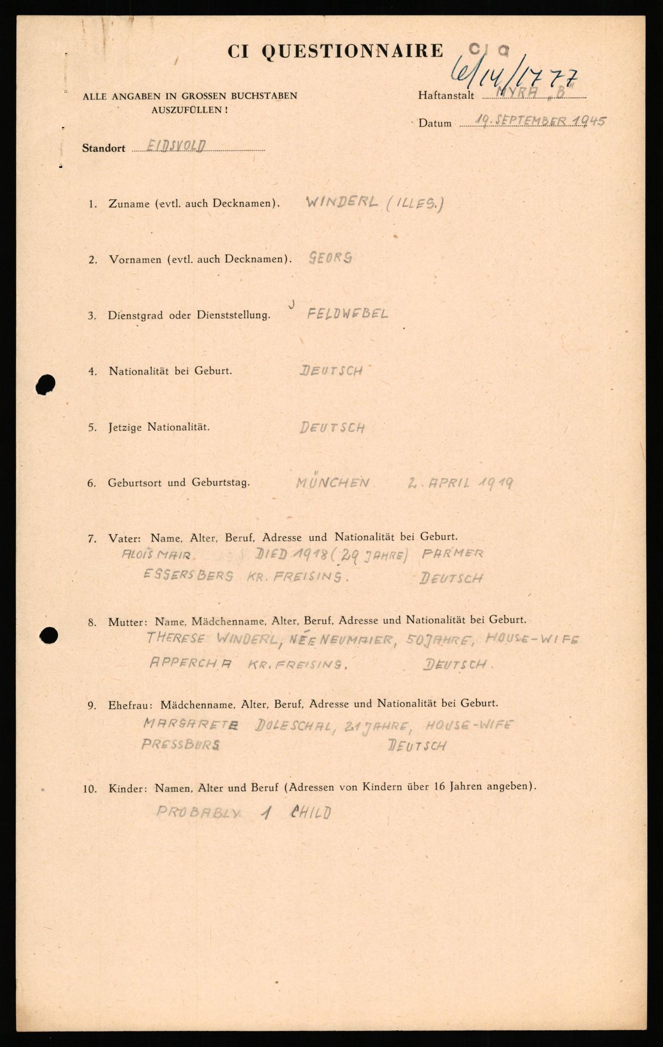 Forsvaret, Forsvarets overkommando II, AV/RA-RAFA-3915/D/Db/L0036: CI Questionaires. Tyske okkupasjonsstyrker i Norge. Tyskere., 1945-1946, s. 145