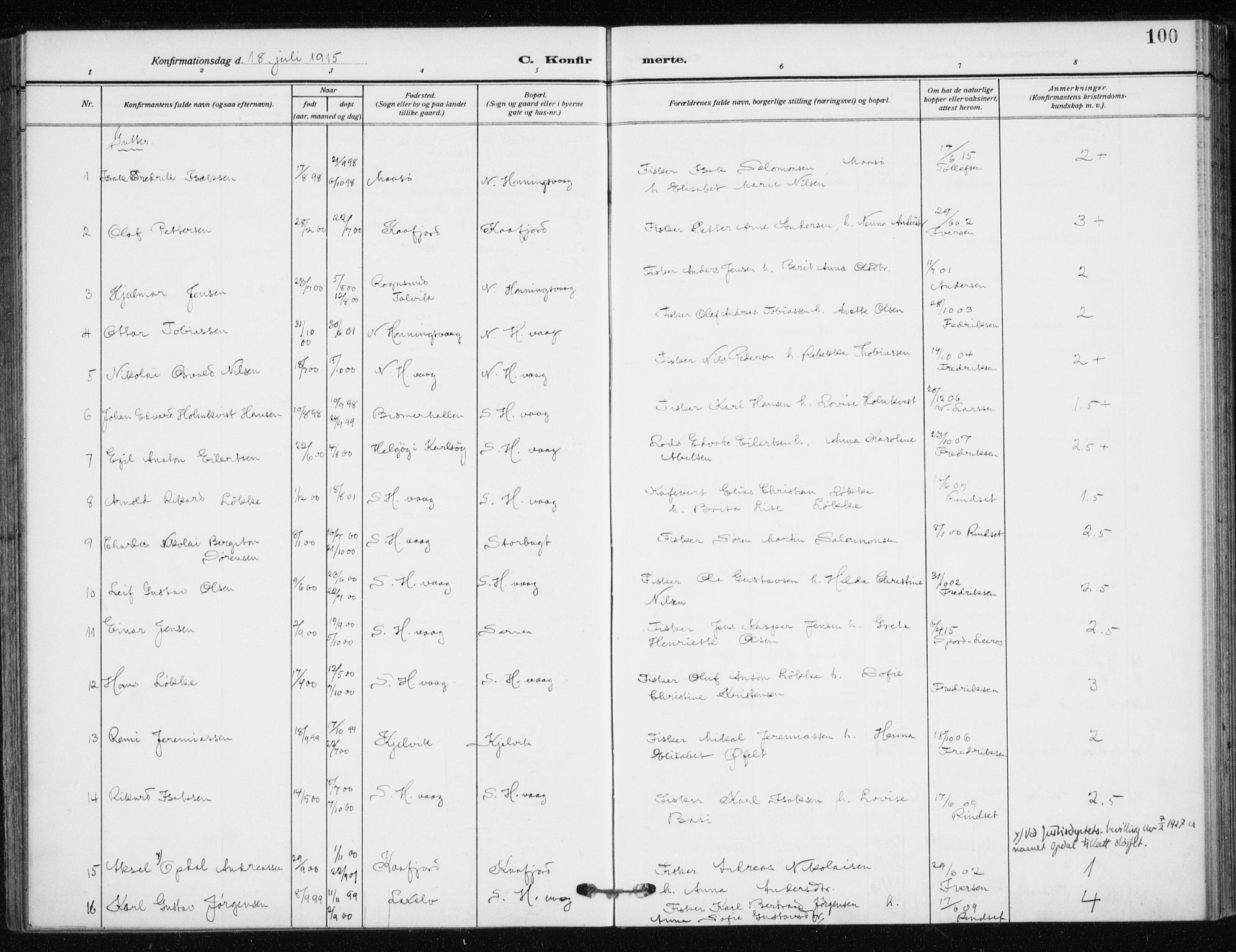Kjelvik/Nordkapp sokneprestkontor, AV/SATØ-S-1350/H/Ha/L0001kirke: Ministerialbok nr. 1, 1911-1919, s. 100