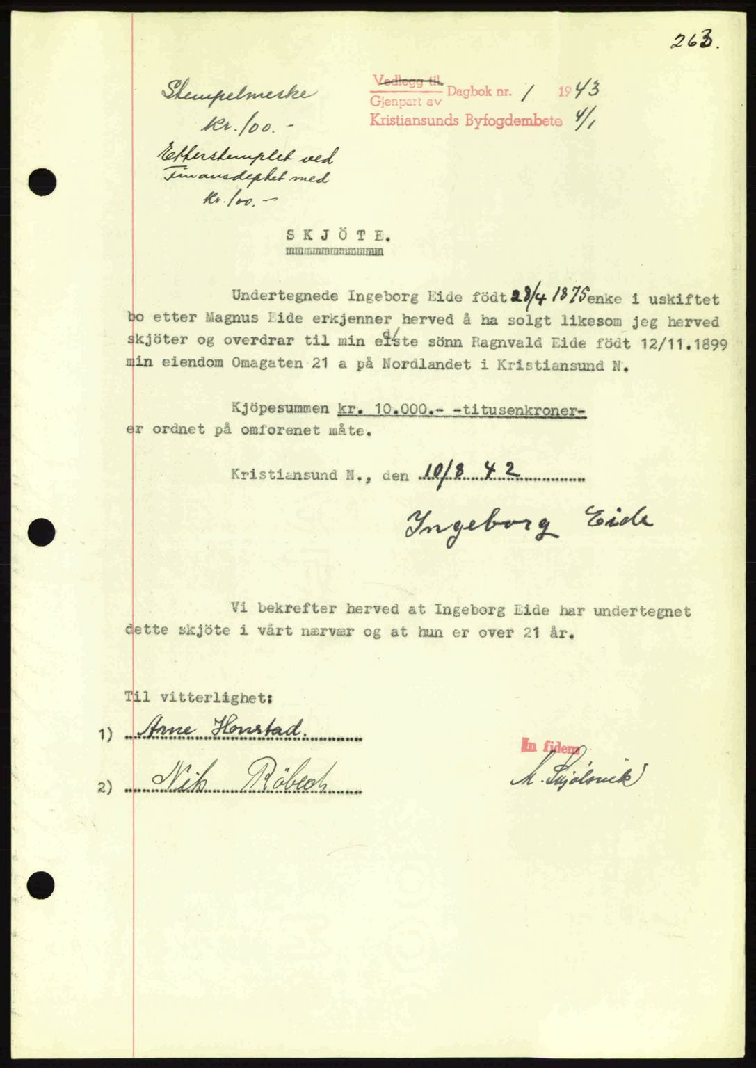 Kristiansund byfogd, AV/SAT-A-4587/A/27: Pantebok nr. 34, 1941-1945, Dagboknr: 1/1943