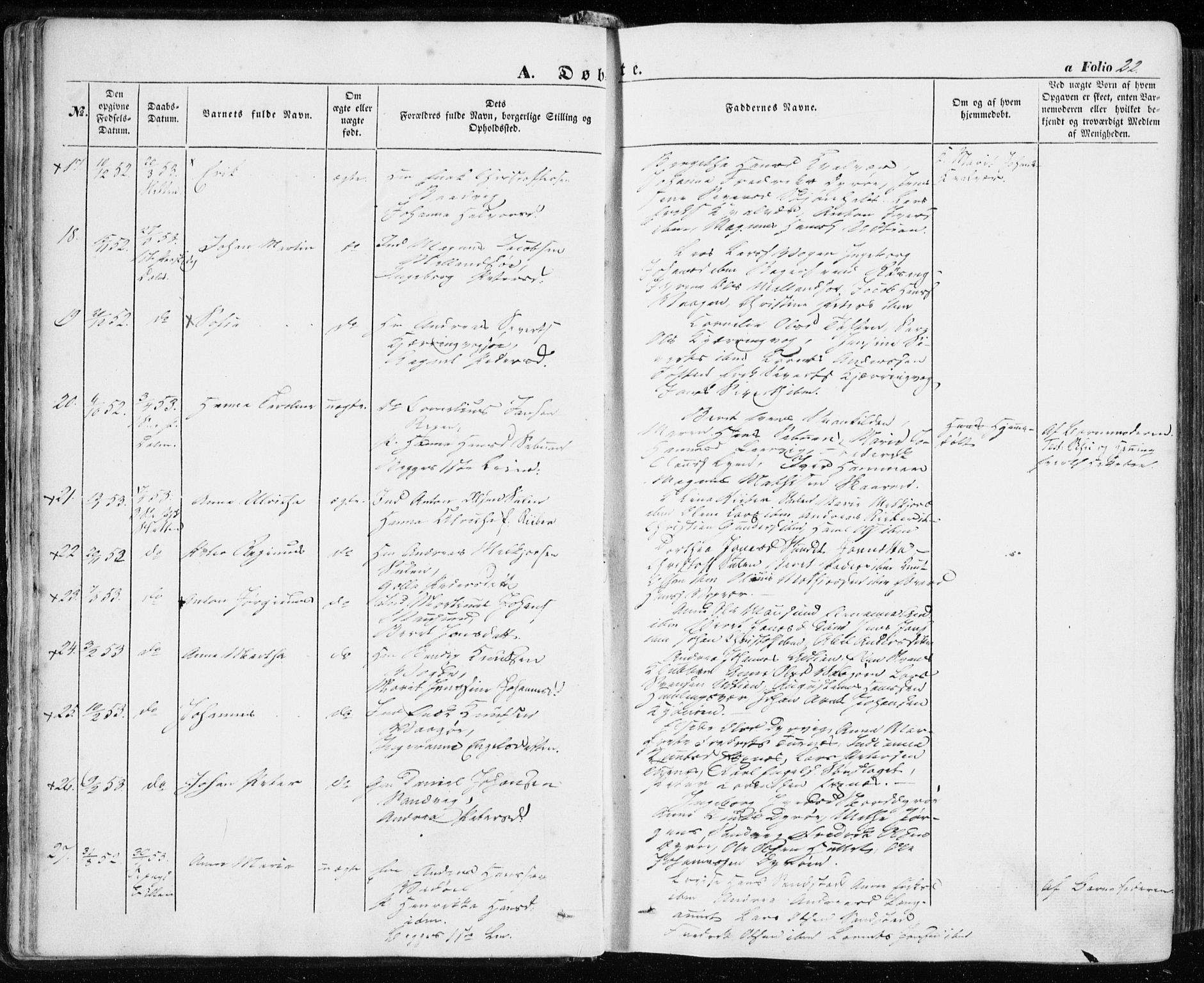 Ministerialprotokoller, klokkerbøker og fødselsregistre - Sør-Trøndelag, SAT/A-1456/634/L0530: Ministerialbok nr. 634A06, 1852-1860, s. 22