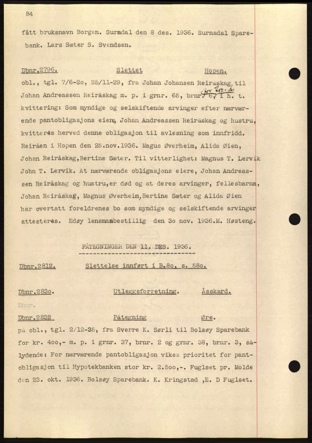 Nordmøre sorenskriveri, SAT/A-4132/1/2/2Ca: Pantebok nr. C80, 1936-1939, Dagboknr: 2796/1936
