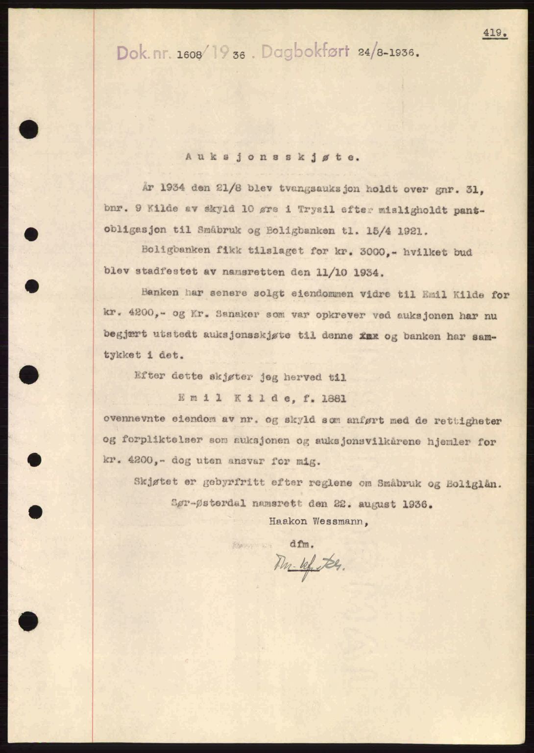 Sør-Østerdal sorenskriveri, SAH/TING-018/H/Hb/Hbb/L0054: Pantebok nr. A54, 1936-1936, Dagboknr: 1608/1936