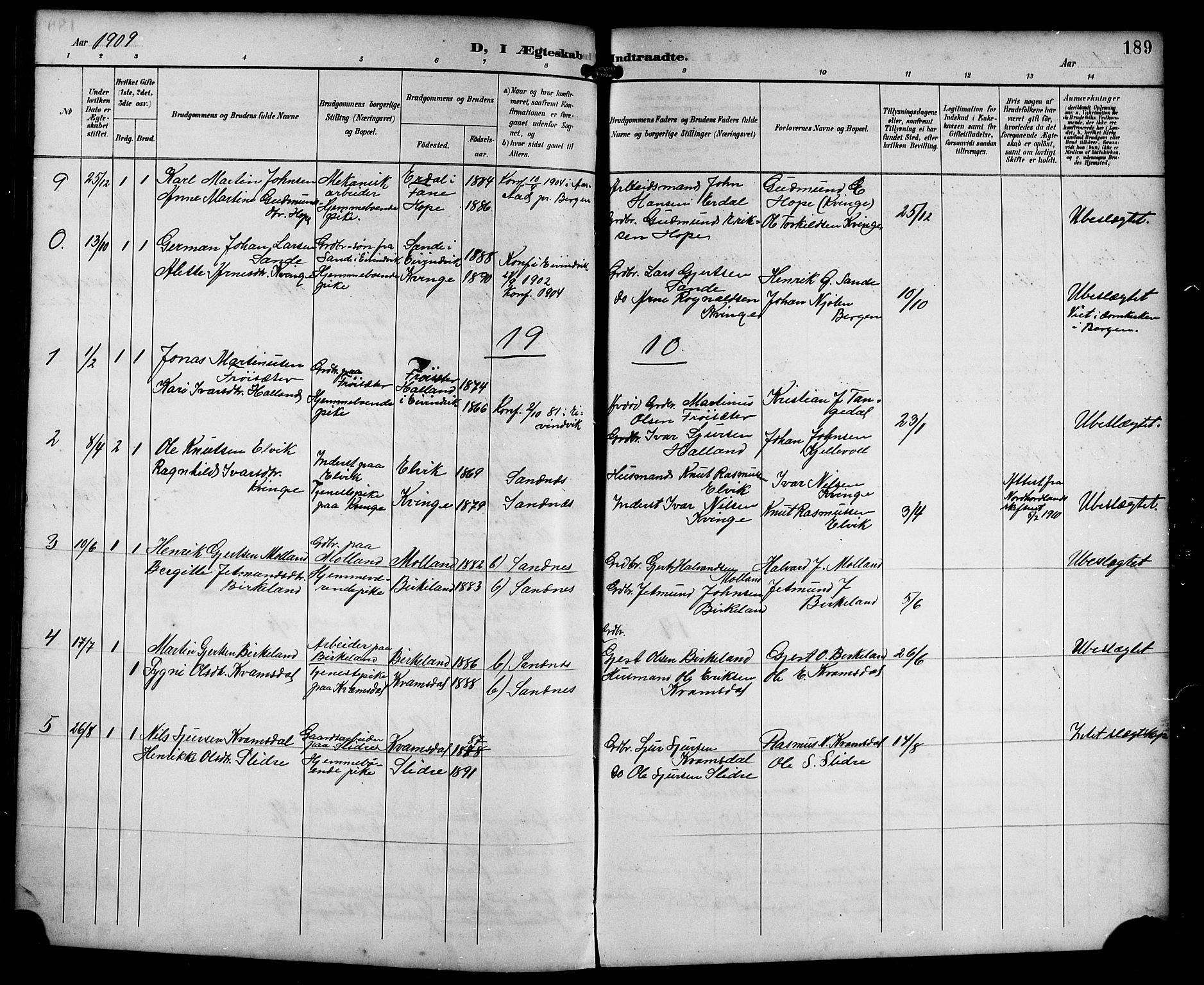 Masfjorden sokneprestembete, AV/SAB-A-77001: Klokkerbok nr. B 1, 1892-1913, s. 189