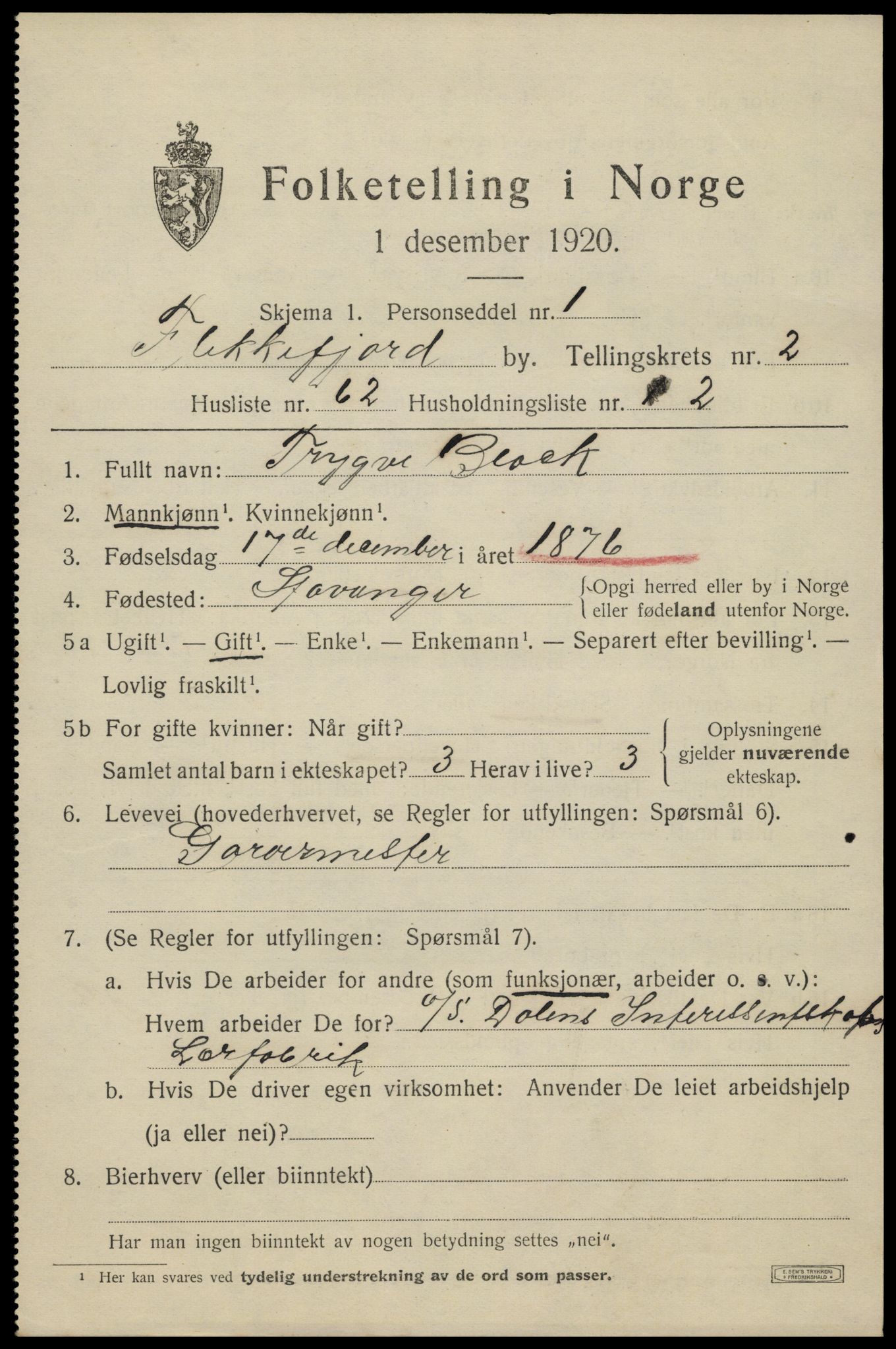 SAK, Folketelling 1920 for 1004 Flekkefjord kjøpstad, 1920, s. 3228