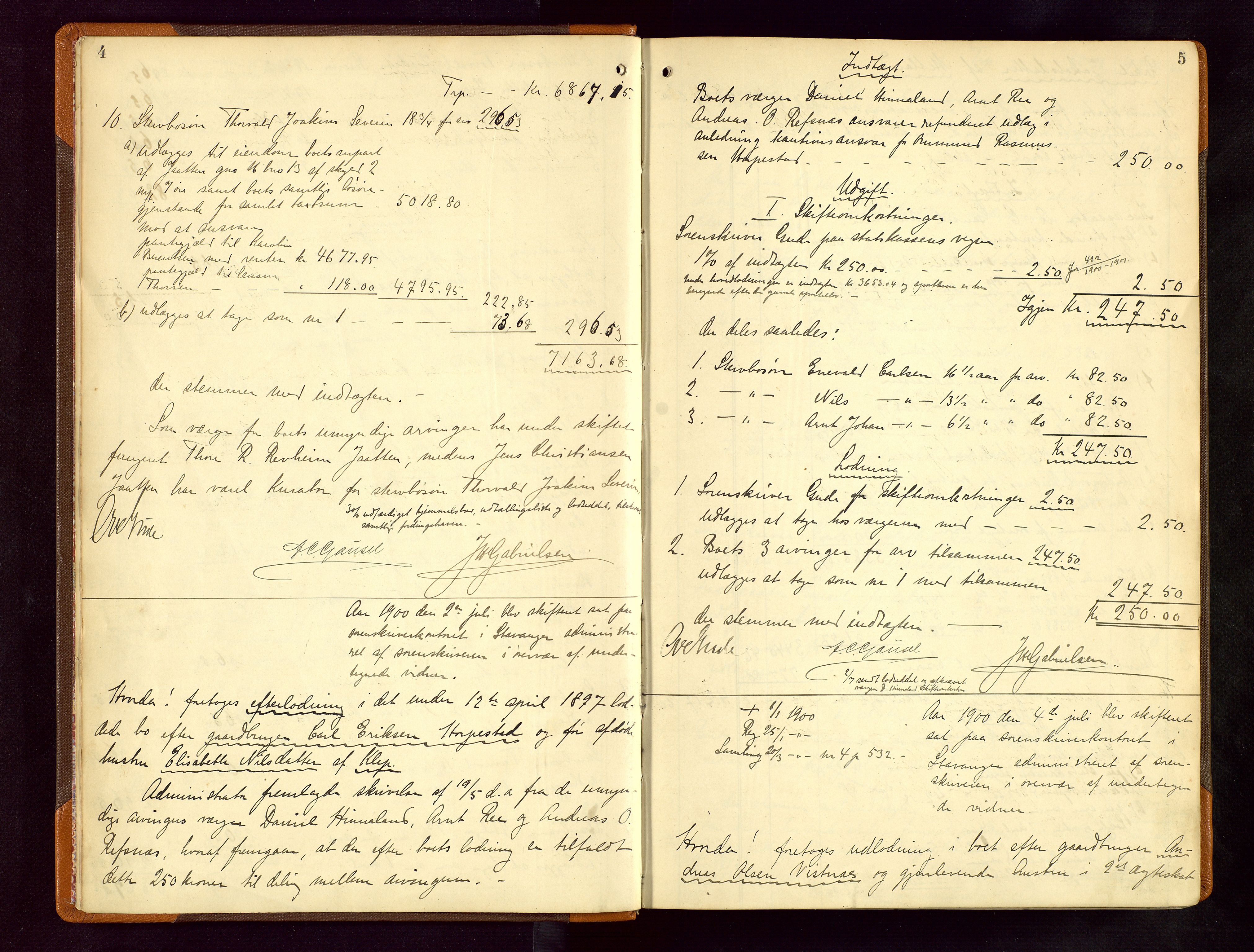 Jæren sorenskriveri, AV/SAST-A-100310/01/5/50/50BB/L0006: SKIFTEUTLODNINGSPROTOKOLL, 1900-1907, s. 4-5