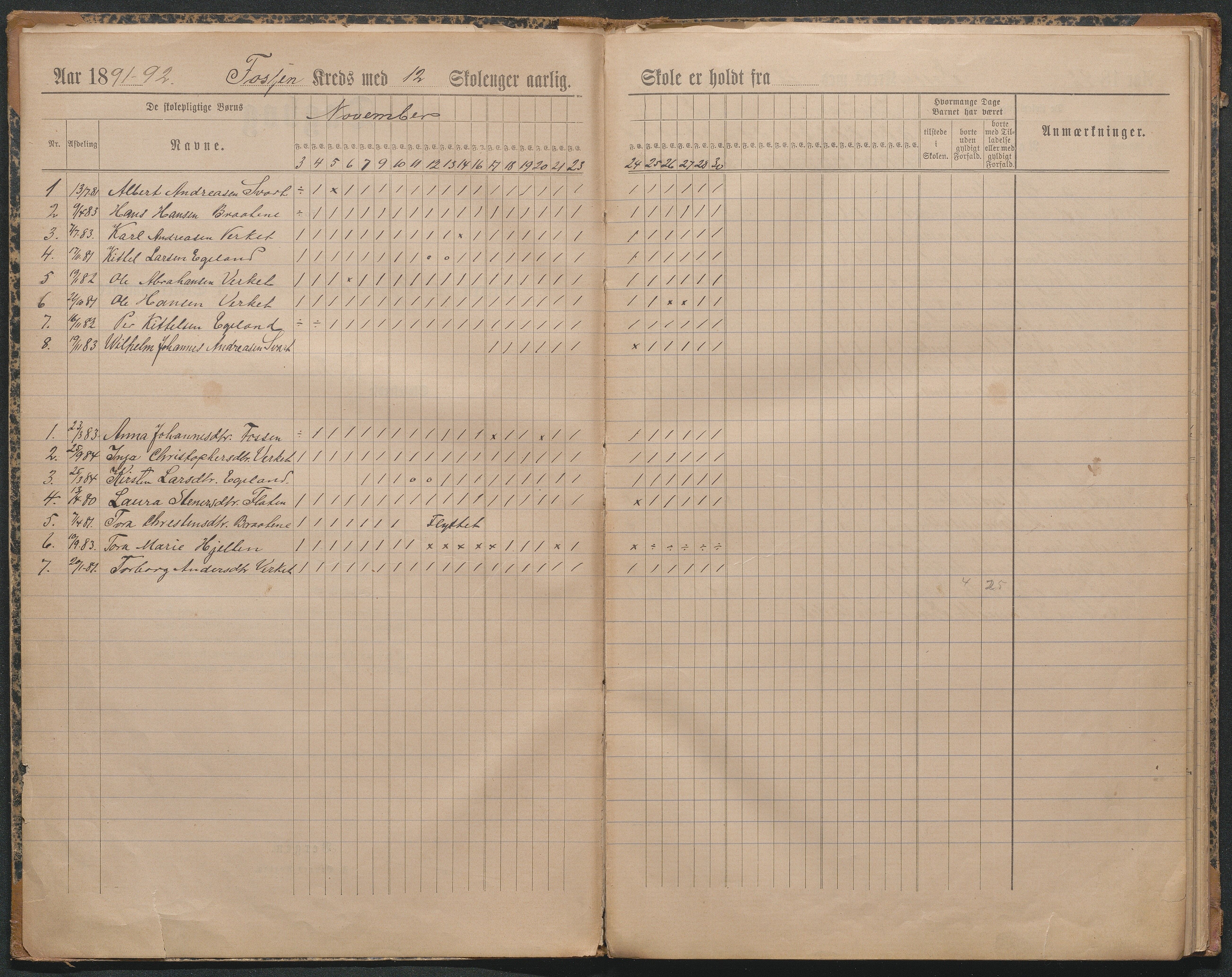 Gjerstad Kommune, Fiane og Fossen Skole, AAMA/KA0911-550j/F01/L0004: Dagbok Fiane og Fossen småskolene, 1891-1917