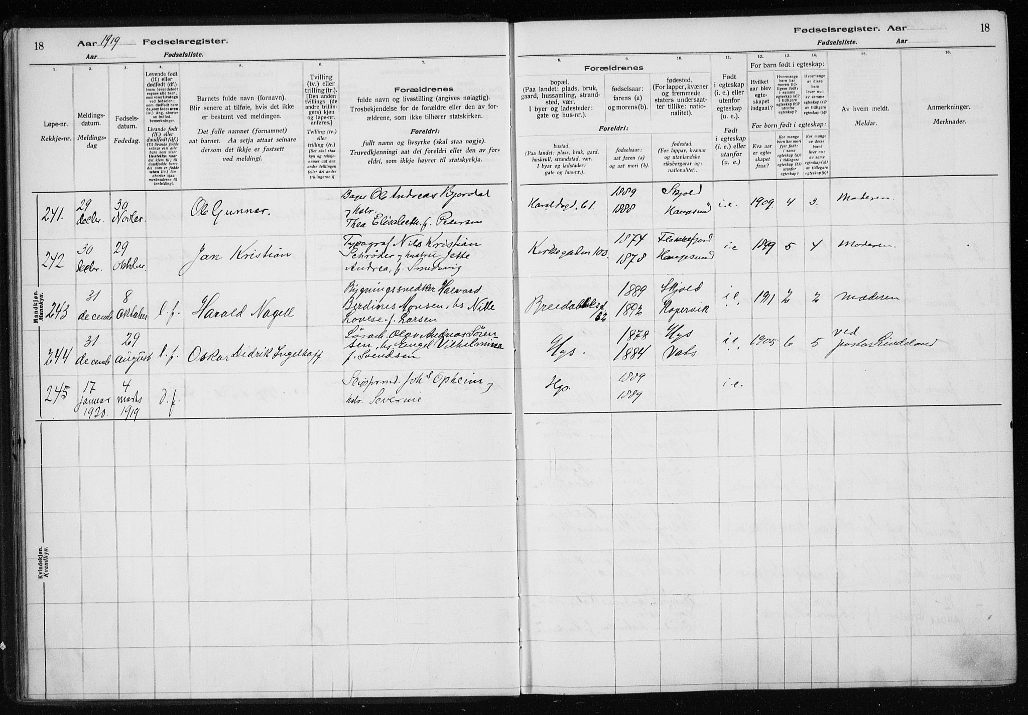 Haugesund sokneprestkontor, AV/SAST-A -101863/I/Id/L0004: Fødselsregister nr. 2, 1919-1923, s. 18