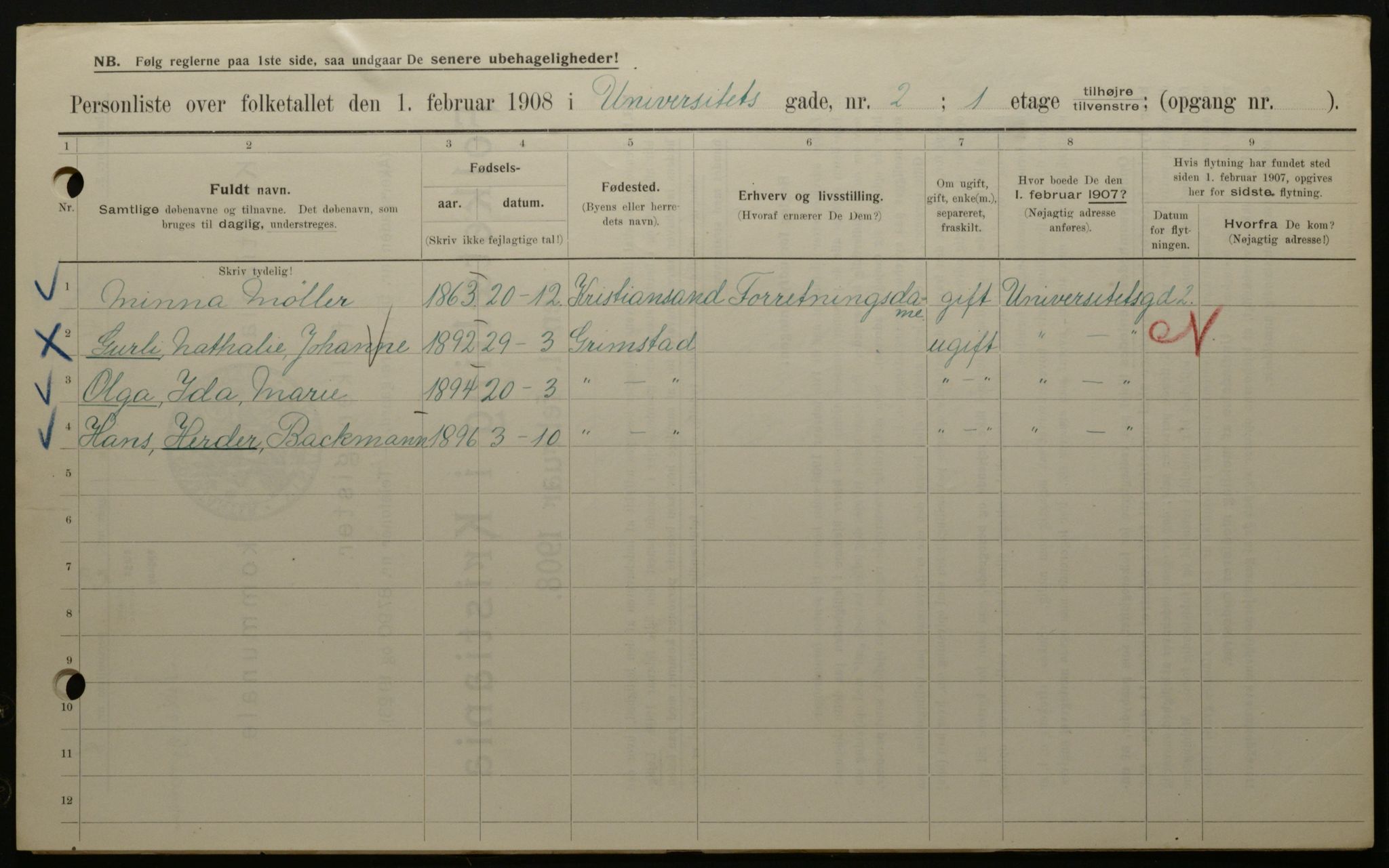 OBA, Kommunal folketelling 1.2.1908 for Kristiania kjøpstad, 1908, s. 107645