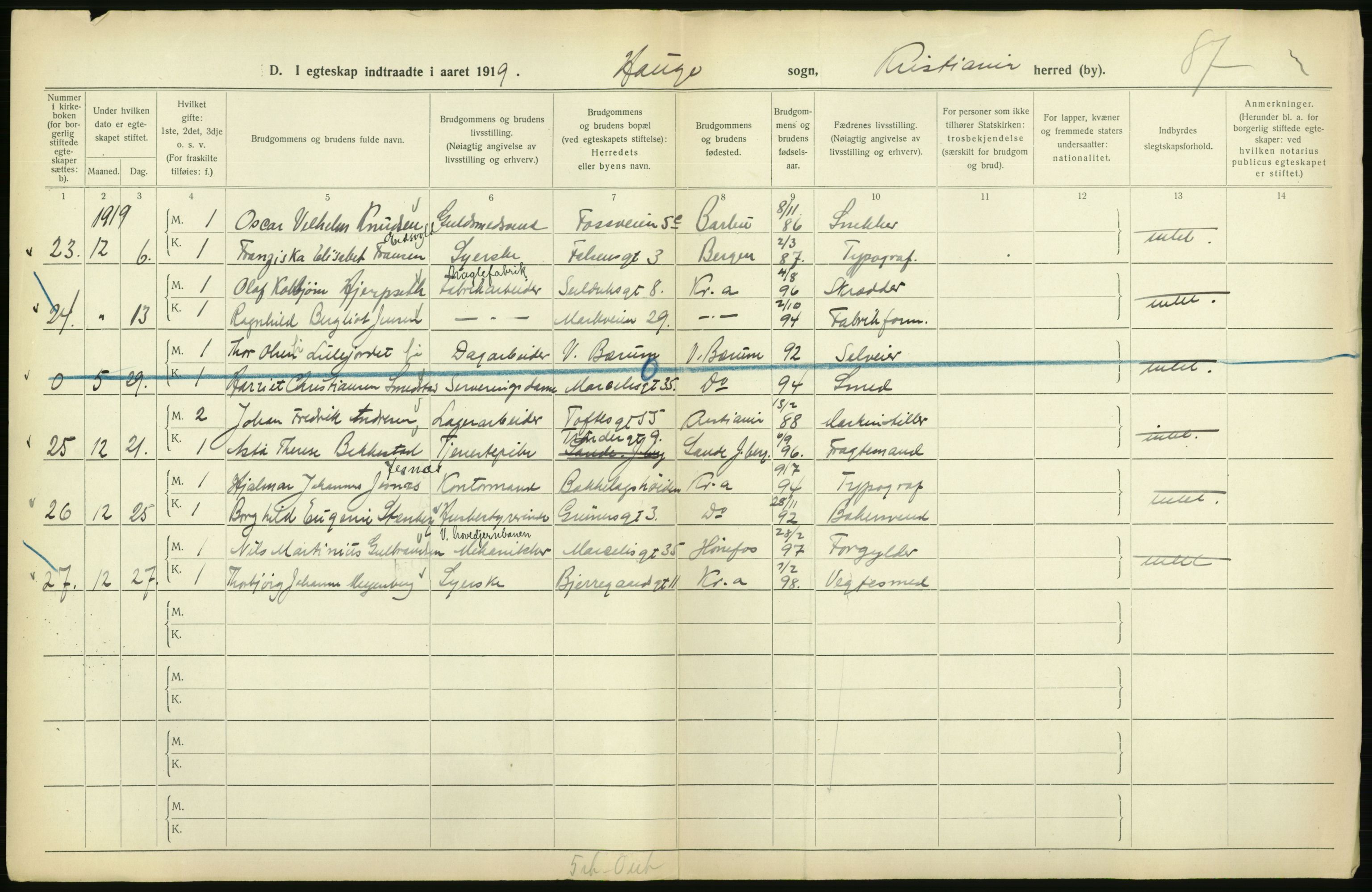 Statistisk sentralbyrå, Sosiodemografiske emner, Befolkning, AV/RA-S-2228/D/Df/Dfb/Dfbi/L0009: Kristiania: Gifte, 1919, s. 654