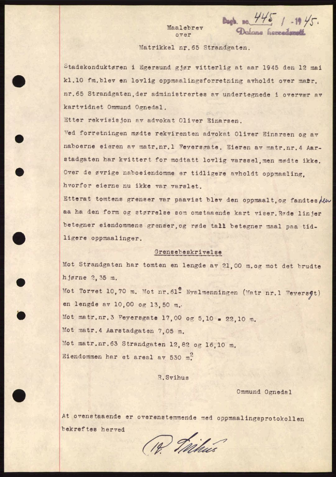 Dalane sorenskriveri, SAST/A-100309/02/G/Gb/L0047: Pantebok nr. A8 I, 1944-1945, Dagboknr: 445/1945