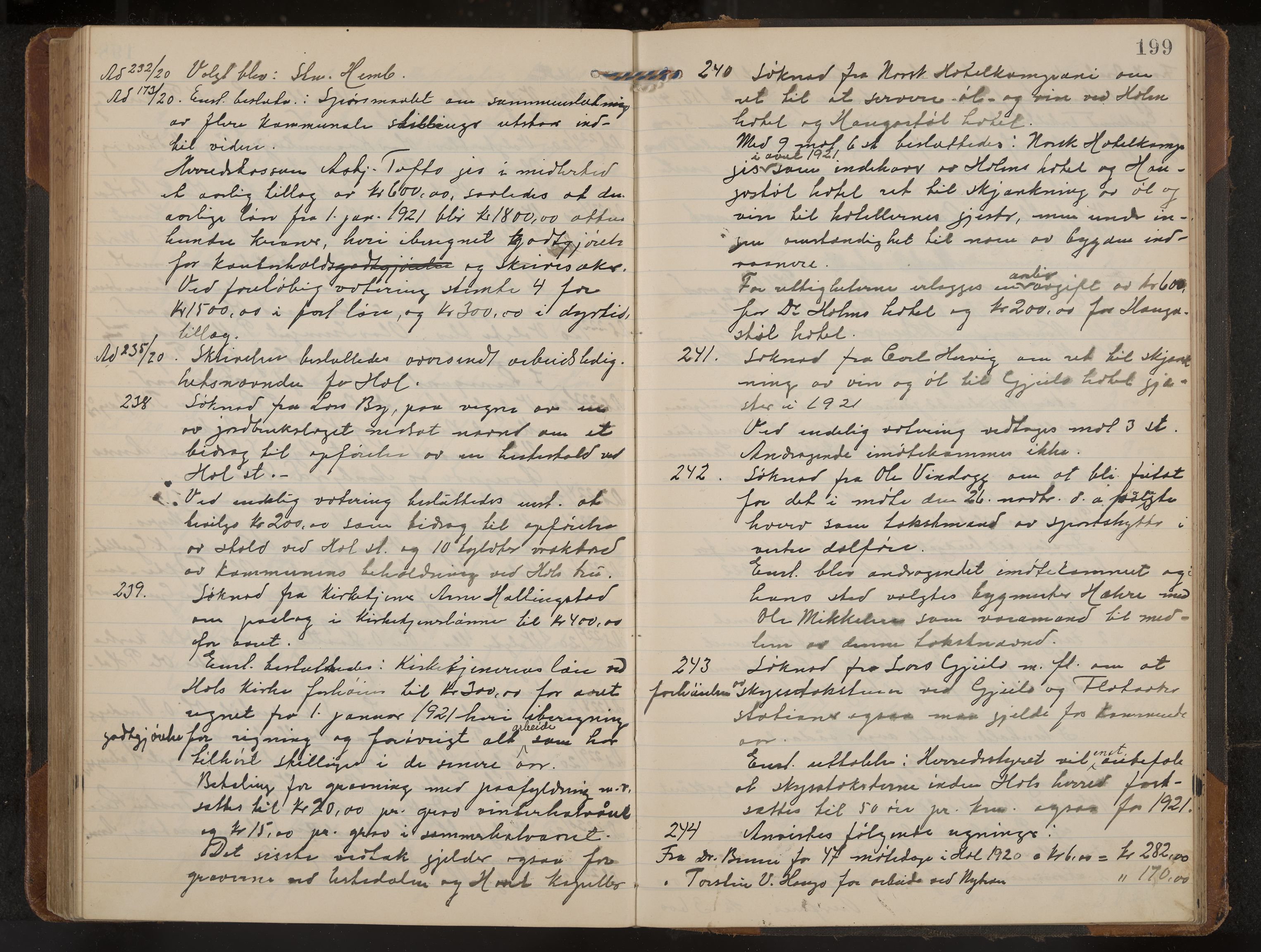 Hol formannskap og sentraladministrasjon, IKAK/0620021-1/A/L0006: Møtebok, 1916-1922, s. 199