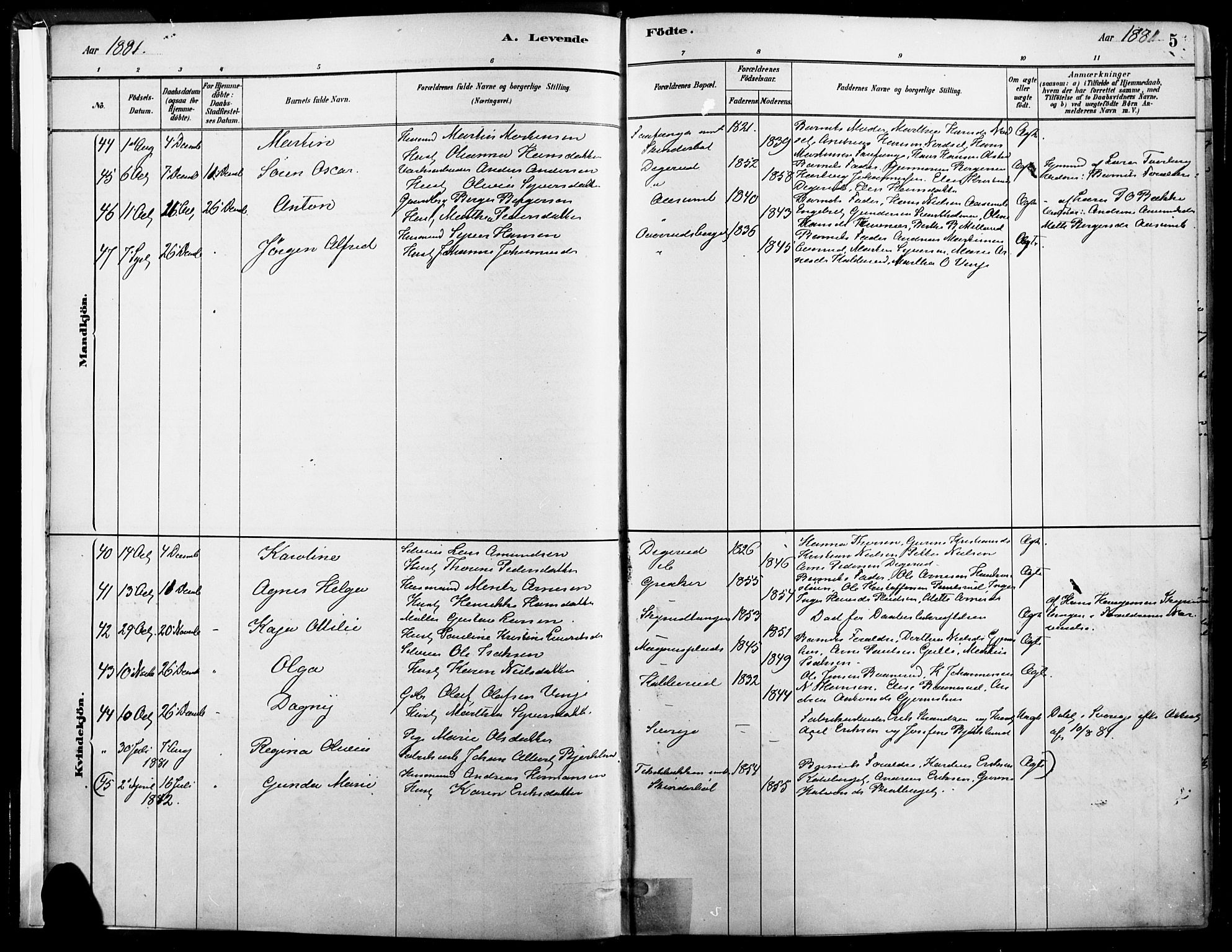 Vinger prestekontor, AV/SAH-PREST-024/H/Ha/Haa/L0014: Ministerialbok nr. 14, 1881-1900, s. 5
