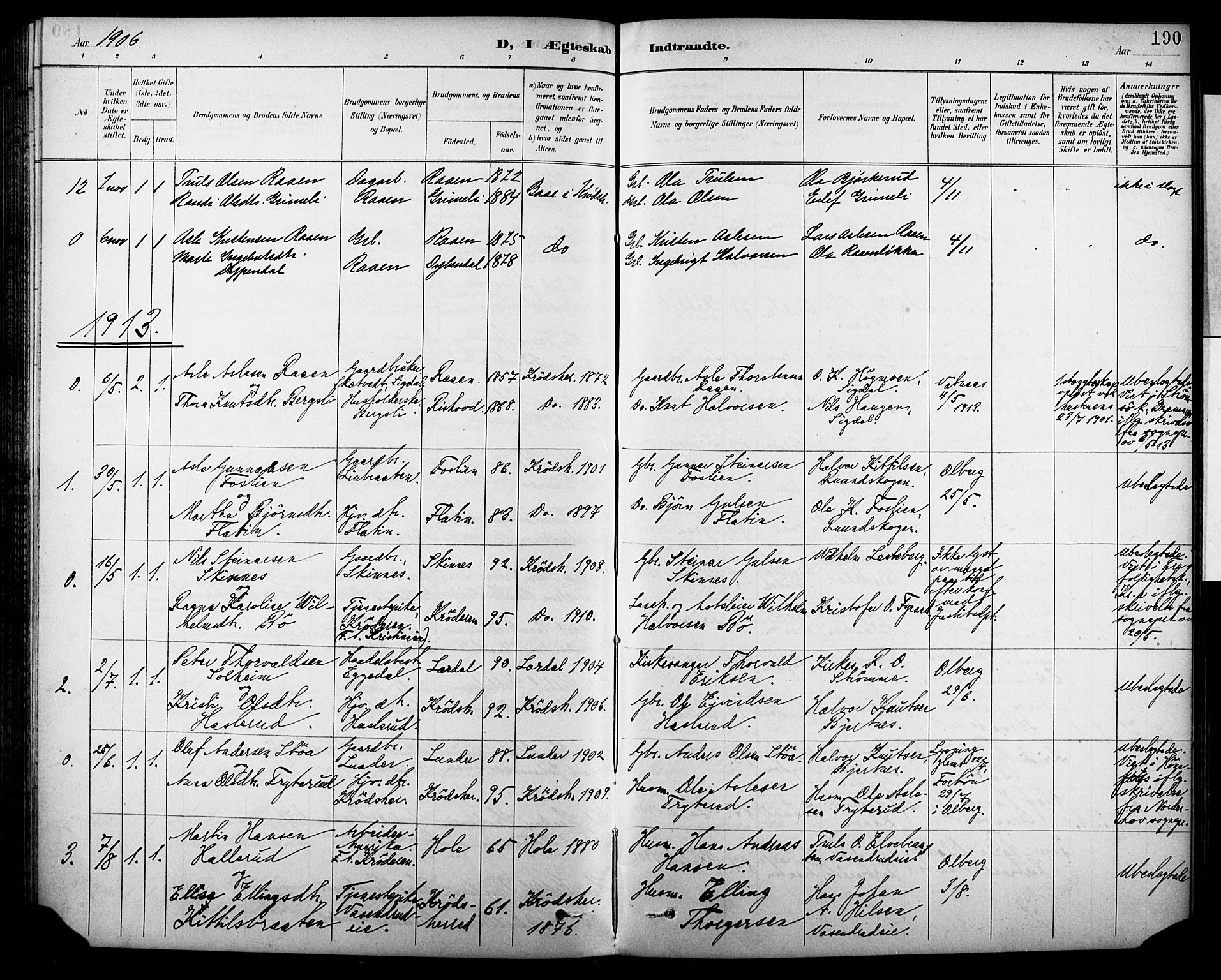 Krødsherad kirkebøker, AV/SAKO-A-19/G/Ga/L0002: Klokkerbok nr. 2, 1894-1918, s. 190