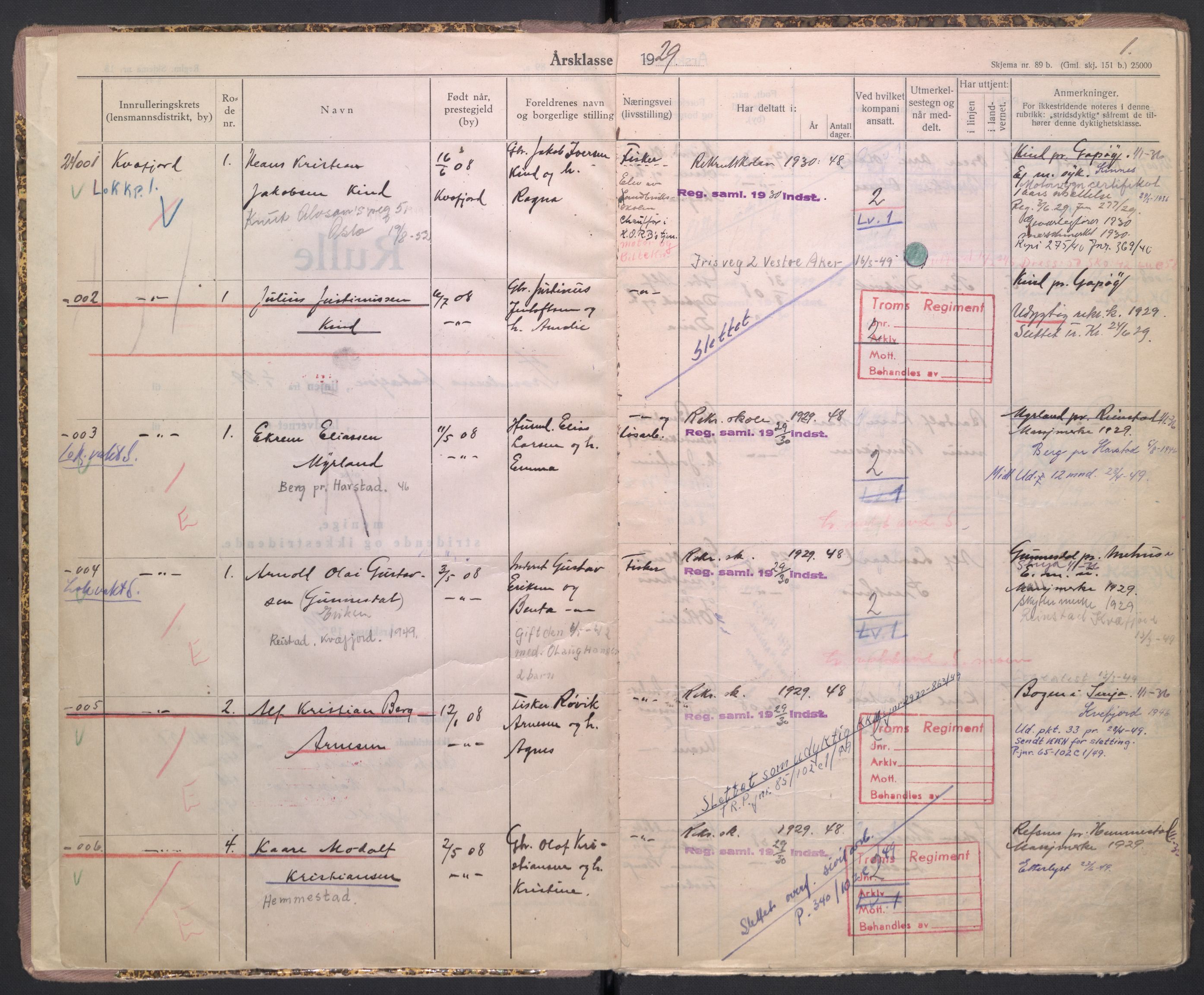 Forsvaret, Troms infanteriregiment nr. 16, AV/RA-RAFA-3146/P/Pa/L0004/0009: Ruller / Rulle for Trondenes bataljons menige mannskaper, årsklasse 1929, 1929, s. 1