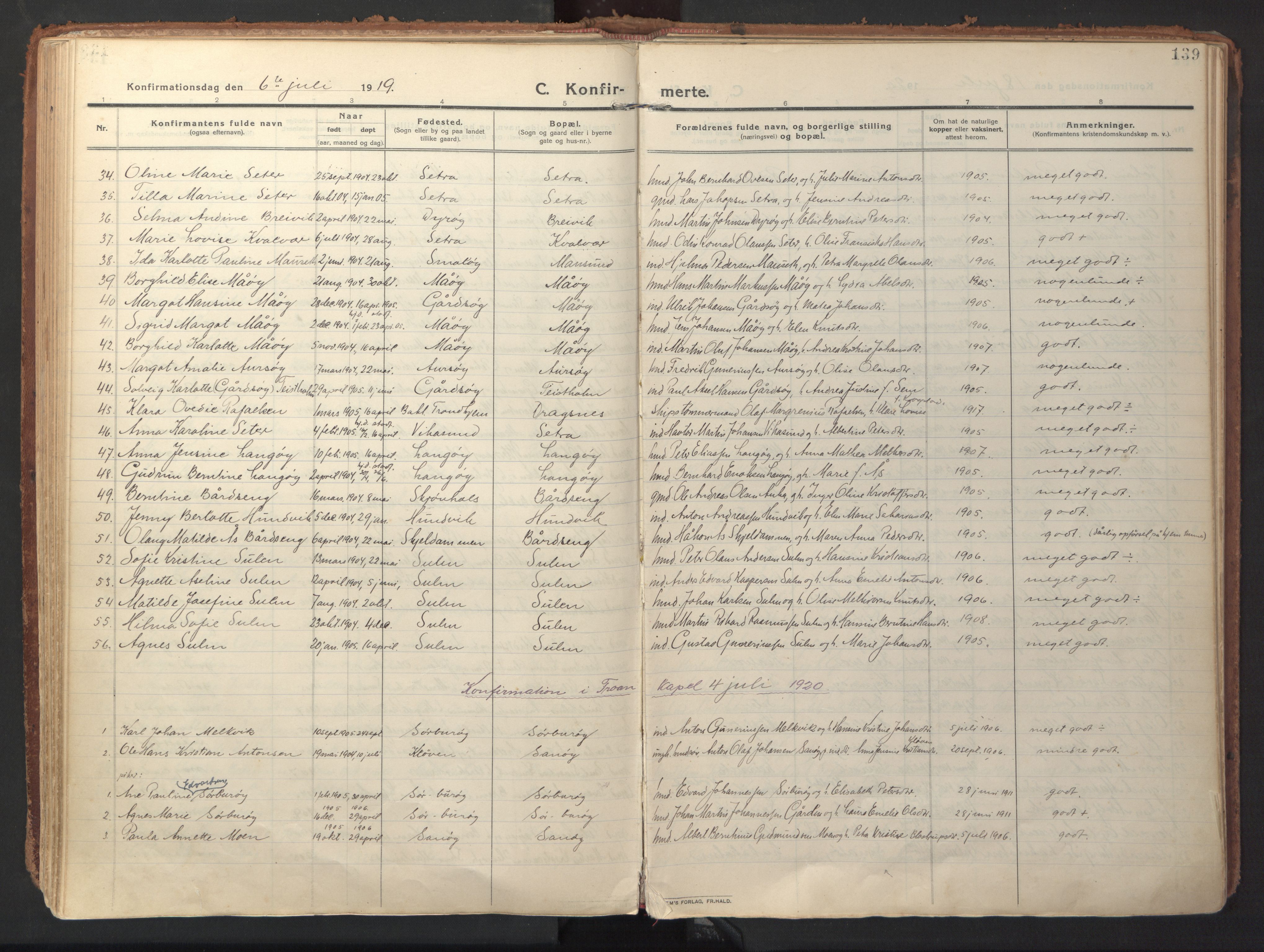 Ministerialprotokoller, klokkerbøker og fødselsregistre - Sør-Trøndelag, AV/SAT-A-1456/640/L0581: Ministerialbok nr. 640A06, 1910-1924, s. 139