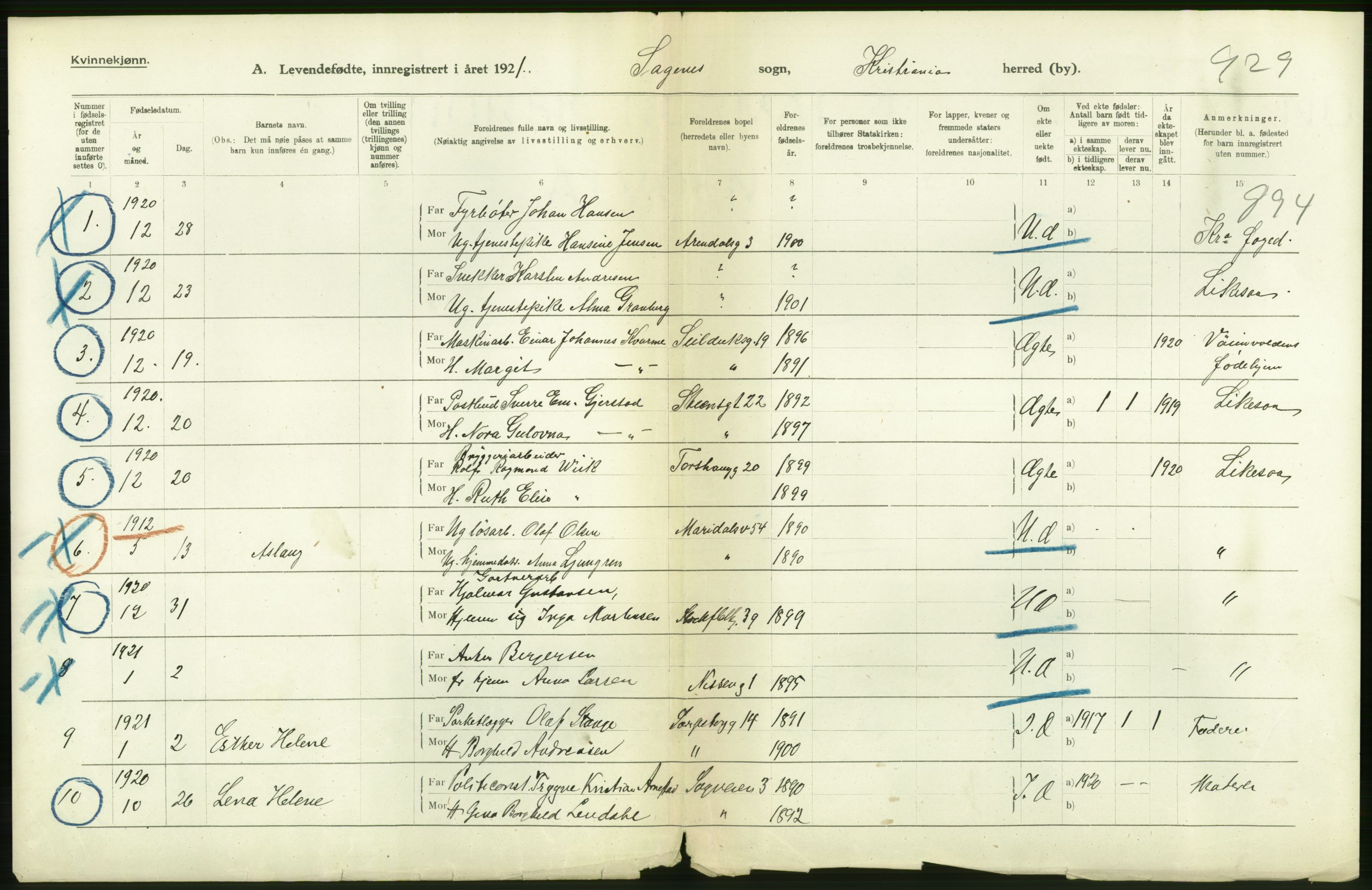 Statistisk sentralbyrå, Sosiodemografiske emner, Befolkning, RA/S-2228/D/Df/Dfc/Dfca/L0010: Kristiania: Levendefødte menn og kvinner., 1921, s. 234