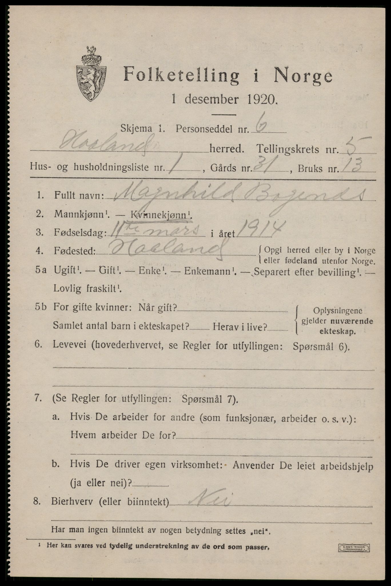 SAST, Folketelling 1920 for 1124 Håland herred, 1920, s. 4525