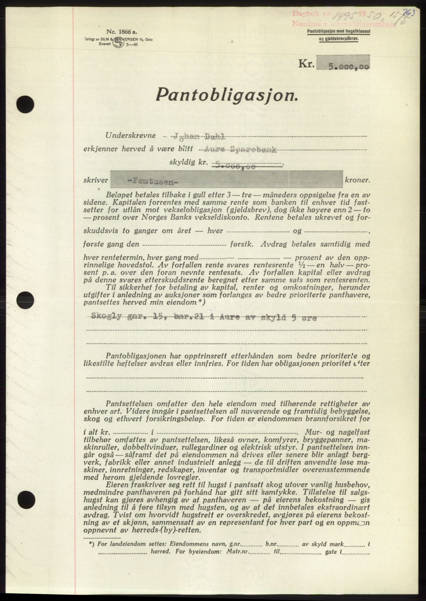 Nordmøre sorenskriveri, SAT/A-4132/1/2/2Ca: Pantebok nr. B104, 1950-1950, Dagboknr: 1495/1950