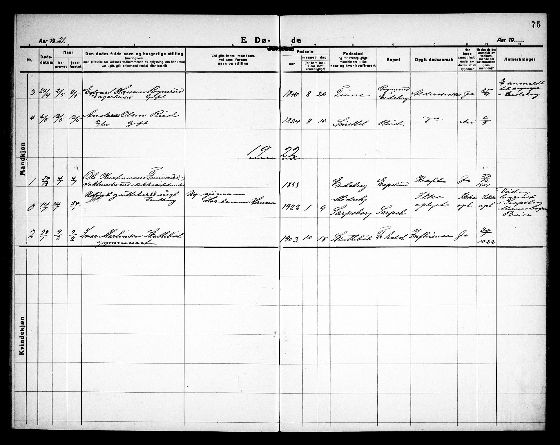 Rakkestad prestekontor Kirkebøker, AV/SAO-A-2008/G/Gc/L0003: Klokkerbok nr. III 3, 1920-1938, s. 75