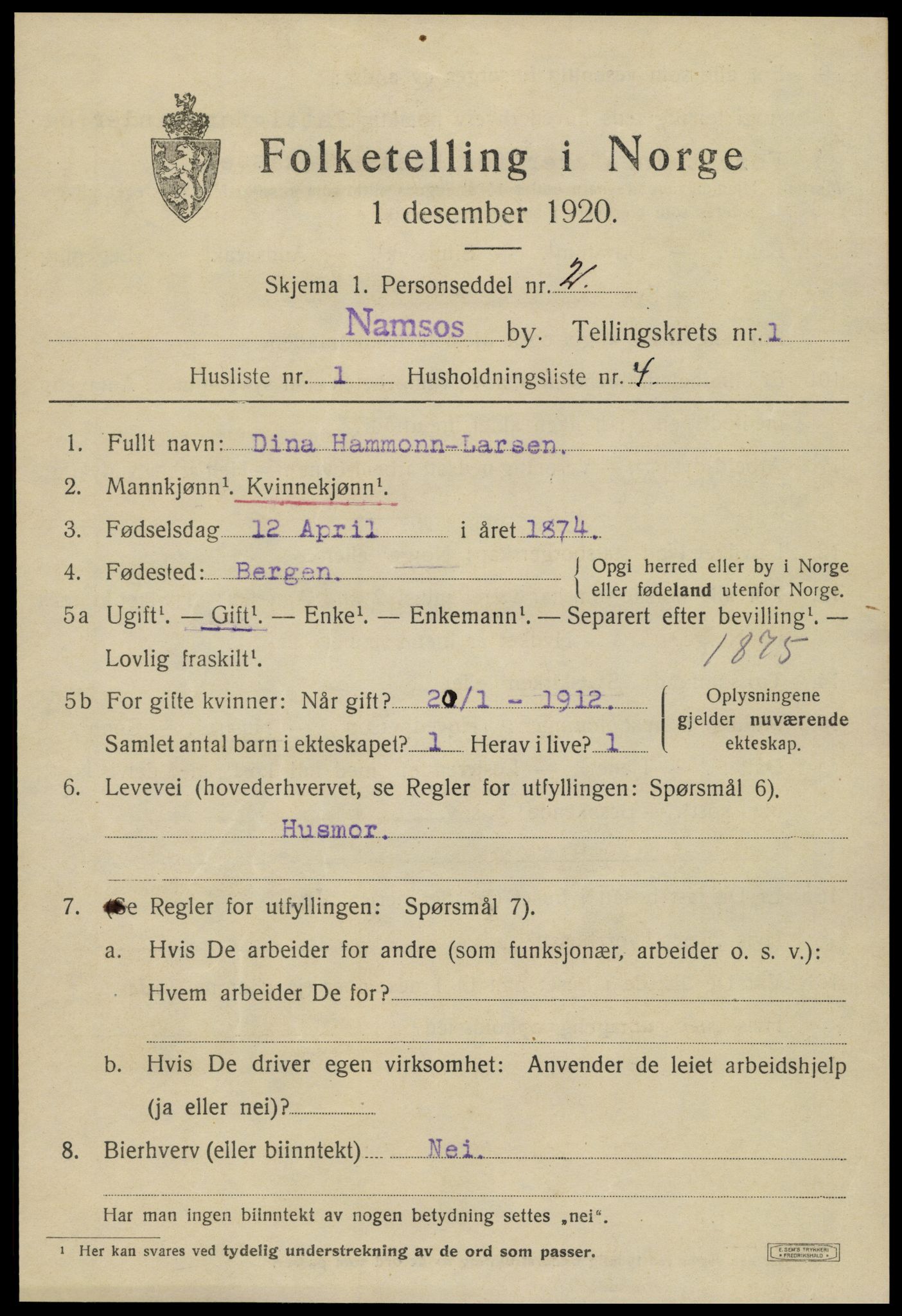 SAT, Folketelling 1920 for 1703 Namsos ladested, 1920, s. 2037
