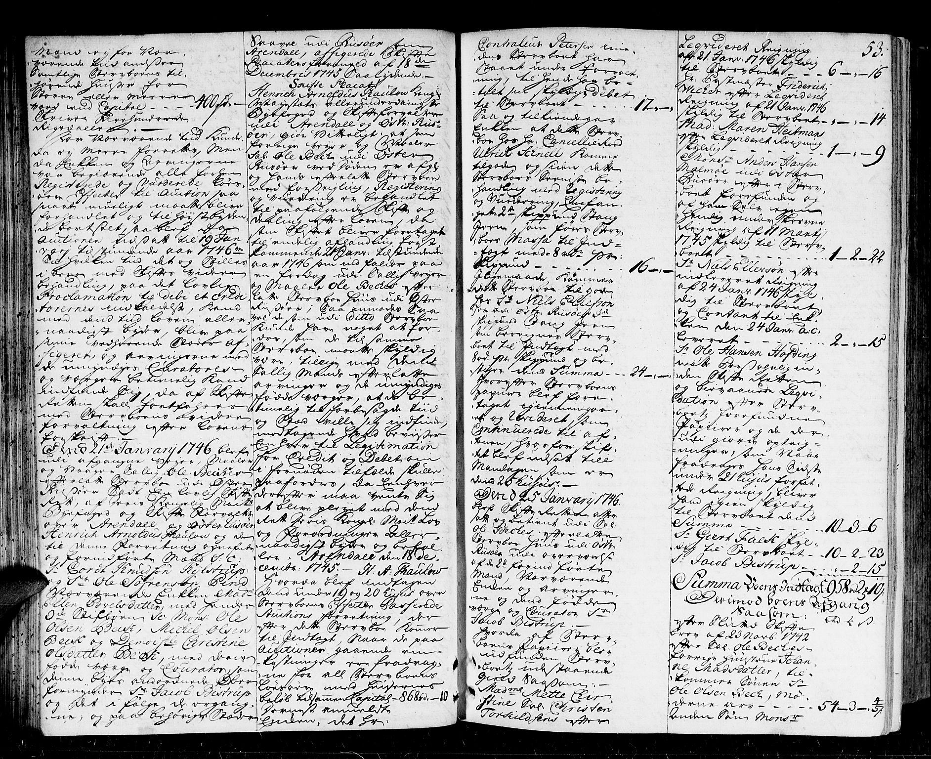 Arendal byfogd, AV/SAK-1222-0001/H/Hc/L0005: Skifteprotokoll nr. 4 for Arendal og Risør, m/register, 1743-1762, s. 52b-53a