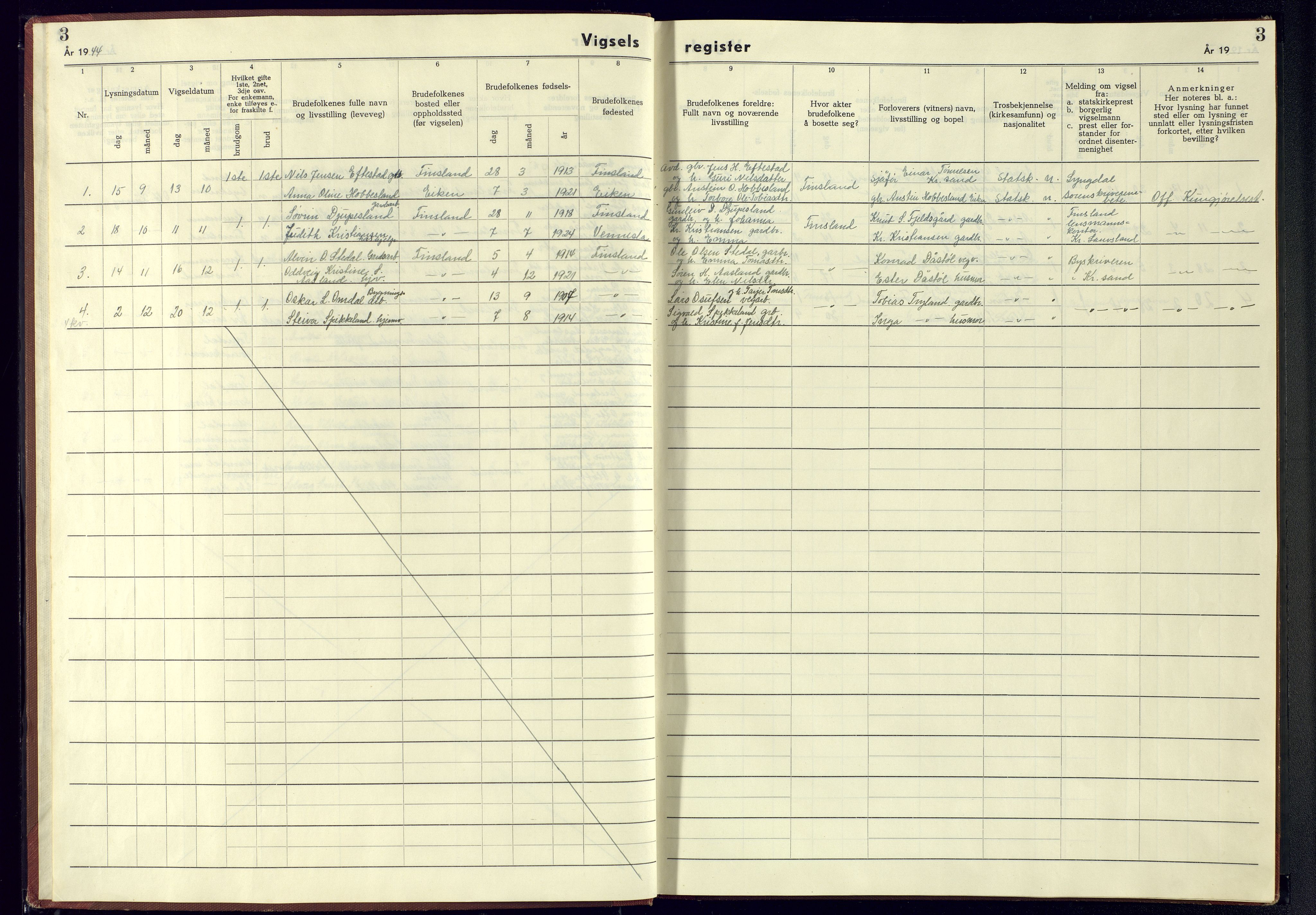 Bjelland sokneprestkontor, SAK/1111-0005/J/Jb/L0009: Vigselsregister nr. II.6.9, 1942-1956, s. 3