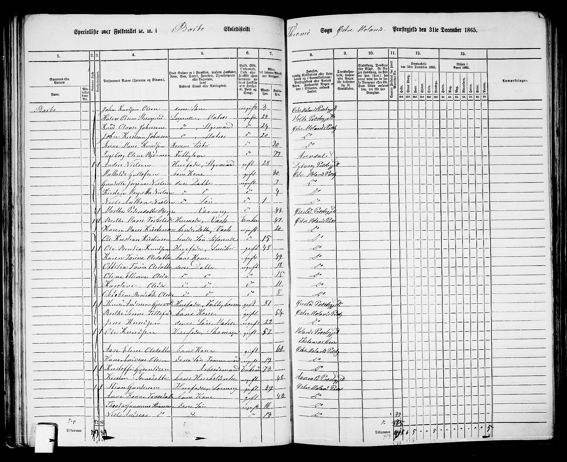 RA, Folketelling 1865 for 0918P Austre Moland prestegjeld, 1865, s. 73