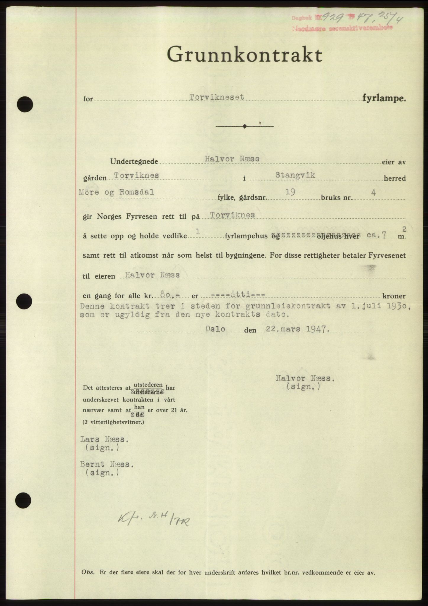 Nordmøre sorenskriveri, SAT/A-4132/1/2/2Ca: Pantebok nr. B96, 1947-1947, Dagboknr: 929/1947