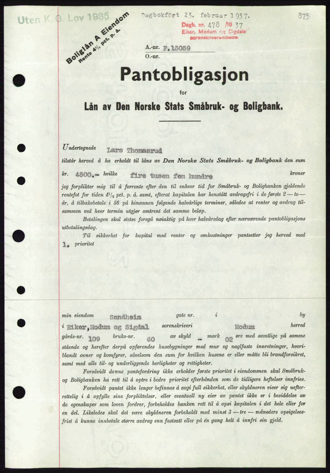 Eiker, Modum og Sigdal sorenskriveri, SAKO/A-123/G/Ga/Gab/L0034: Pantebok nr. A4, 1936-1937, Dagboknr: 478/1937