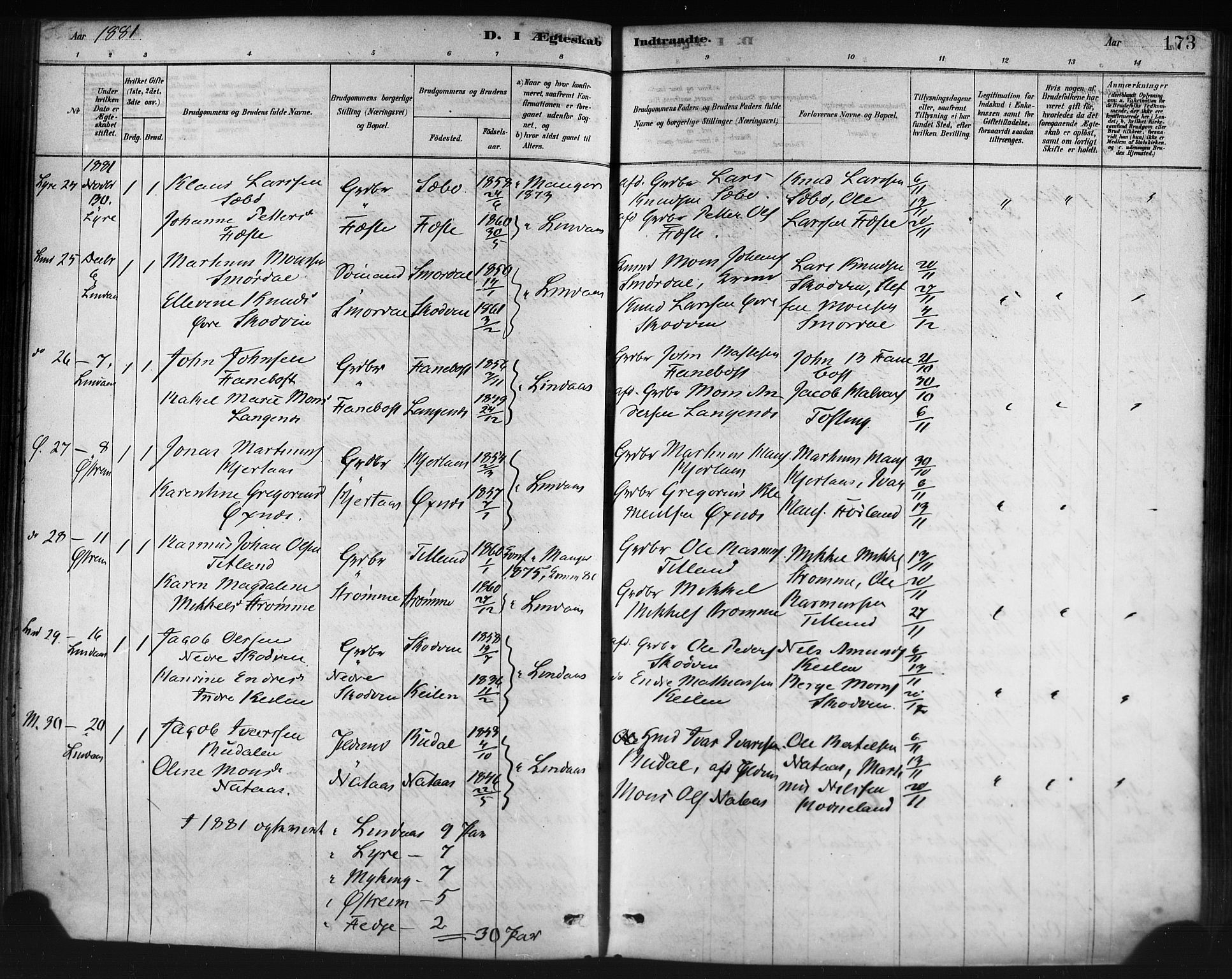 Lindås Sokneprestembete, AV/SAB-A-76701/H/Haa/Haaa/L0019: Ministerialbok nr. A 19, 1878-1912, s. 173