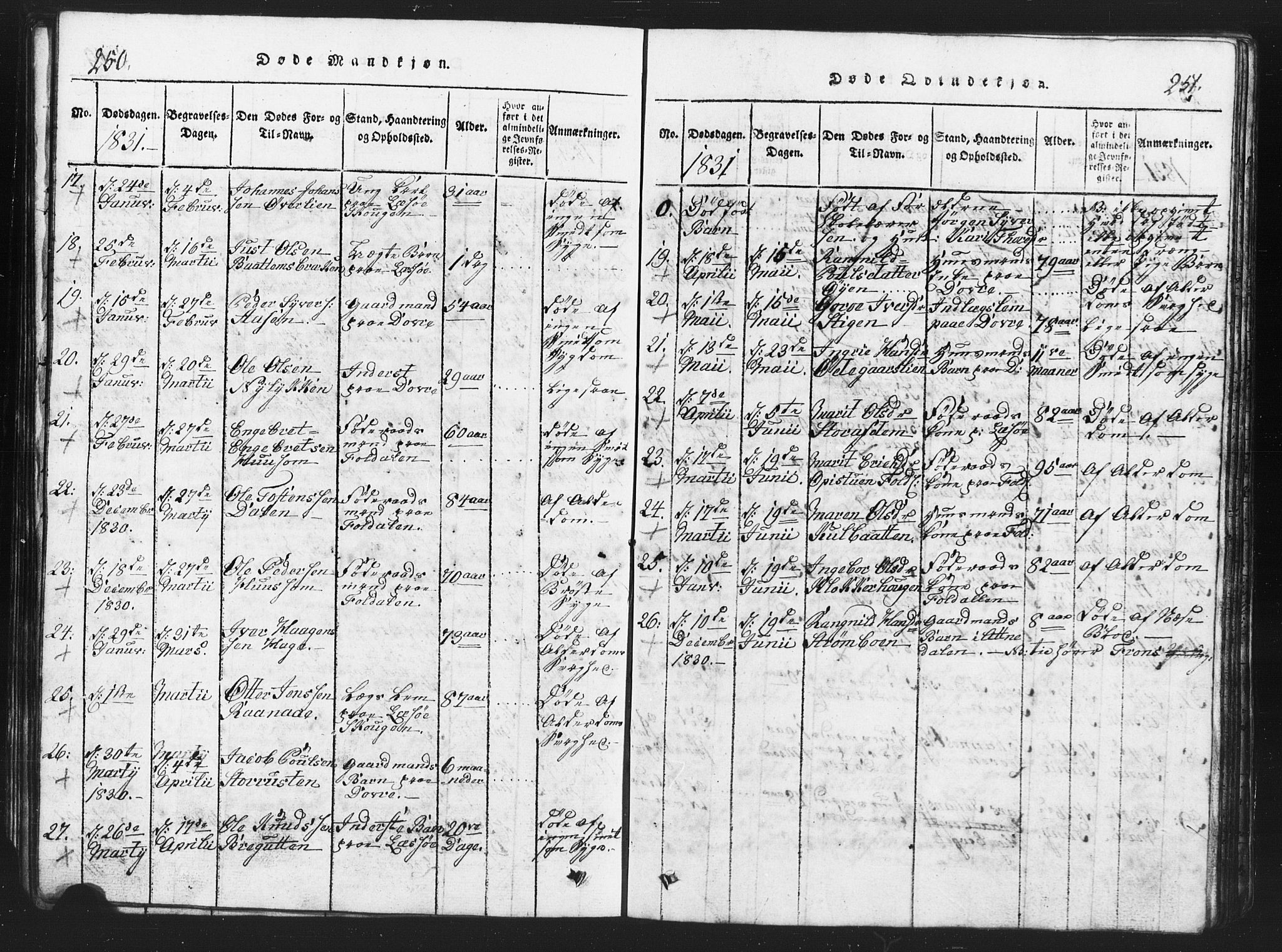 Lesja prestekontor, AV/SAH-PREST-068/H/Ha/Hab/L0001: Klokkerbok nr. 1, 1820-1831, s. 250-251