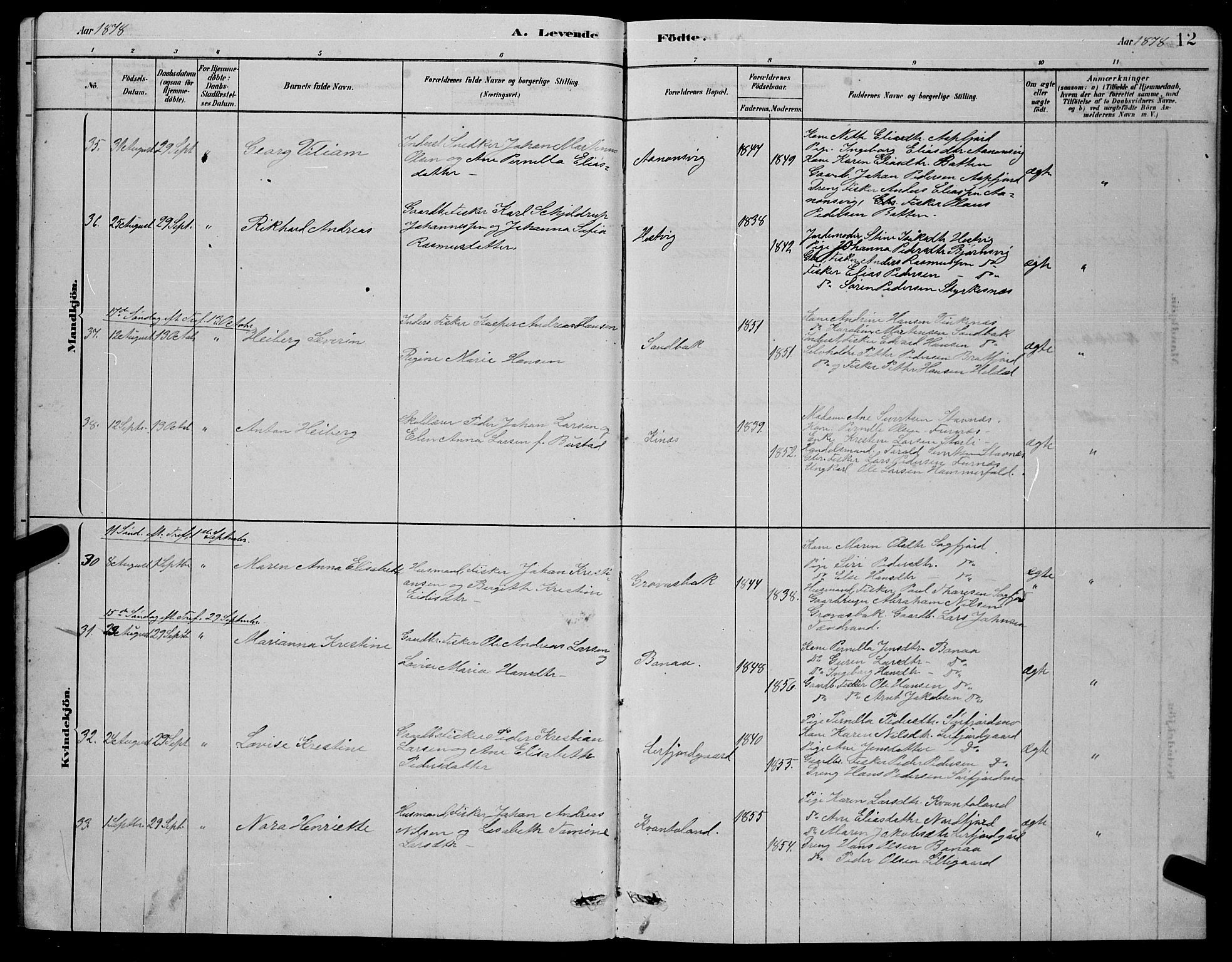 Ministerialprotokoller, klokkerbøker og fødselsregistre - Nordland, AV/SAT-A-1459/853/L0776: Klokkerbok nr. 853C04, 1878-1889, s. 12